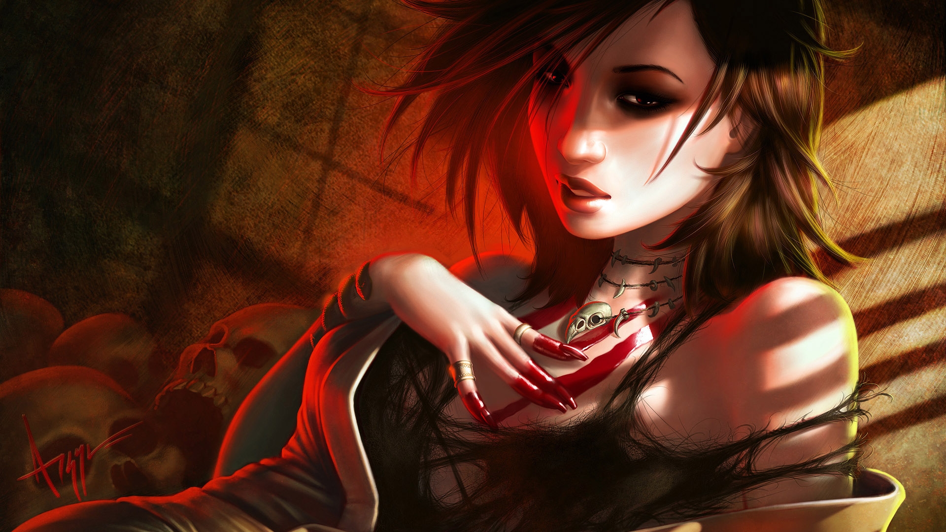 девушка из аниме, у которой изо рта капает кровь, сидит на стуле