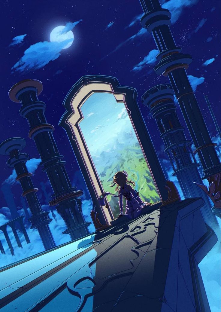 аниме-сцена женщины, сидящей на платформе и смотрящей на пейзаж