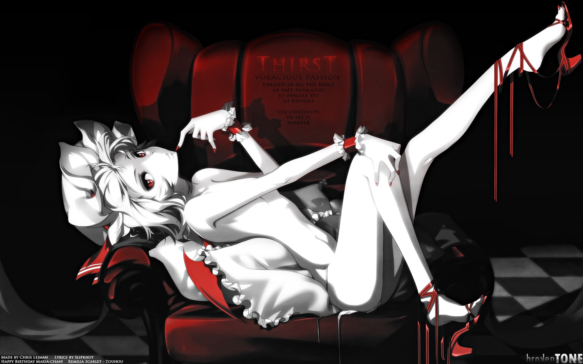 аниме, женщина в белом платье лежит на красном стуле