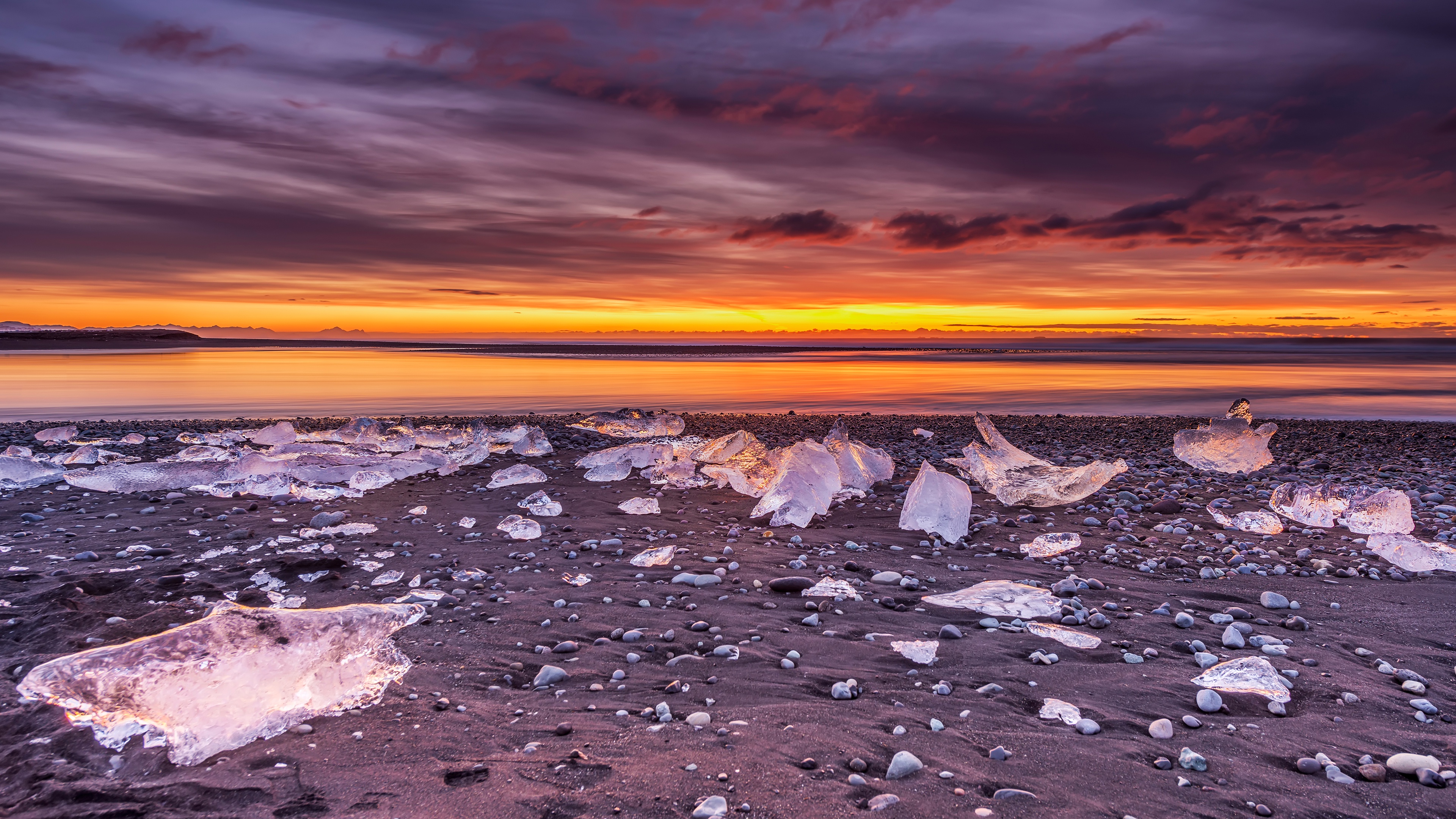 зима, лед, закат
