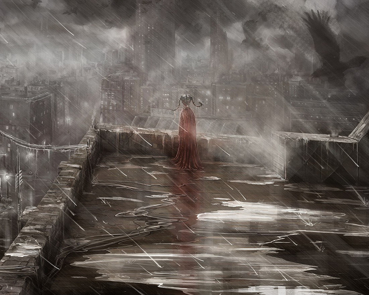 женщина в красном платье стоит под дождем