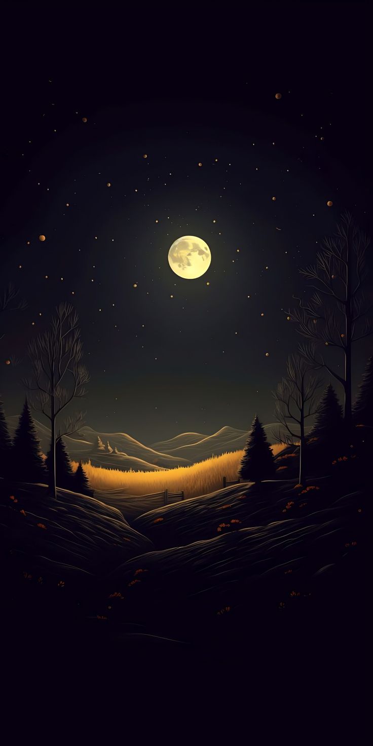 ночное небо с полной луной и несколькими деревьями