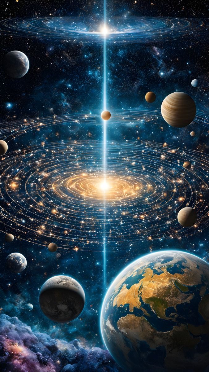 вид планет и солнца в галактике со звездами