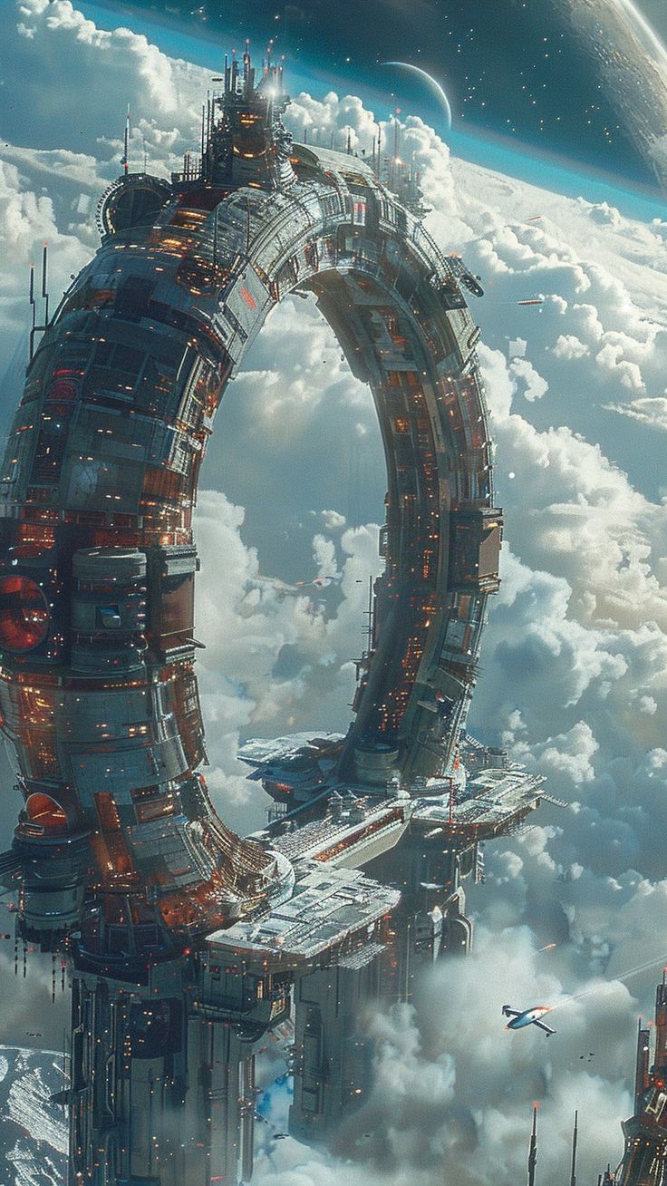 футуристический город в небе с круглой структурой посередине