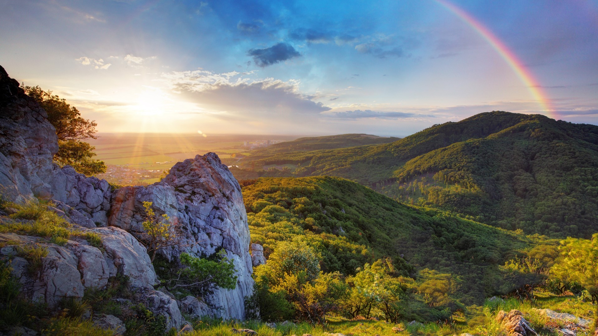 гора, радуга, закат