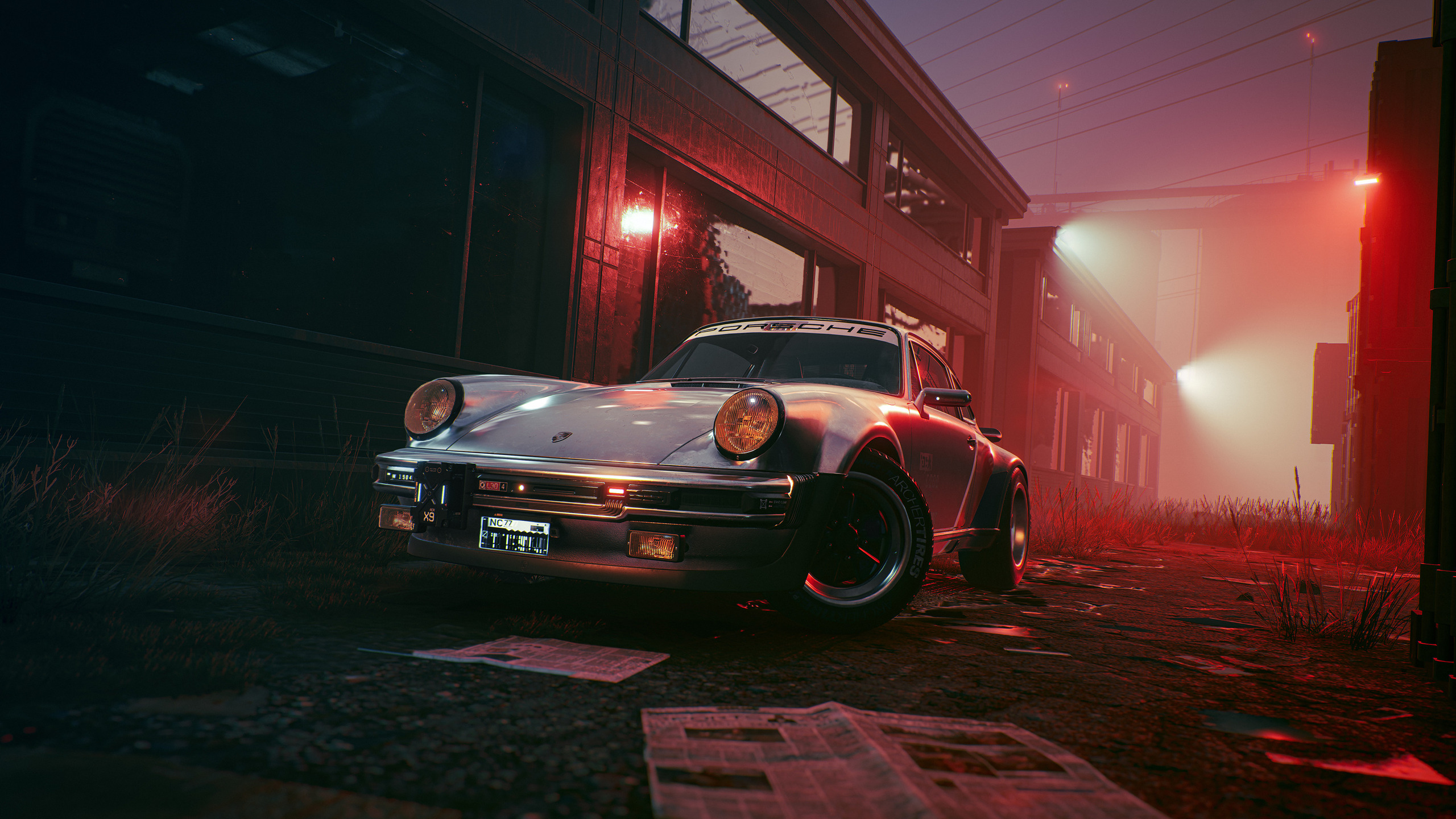 porsche, car, neon