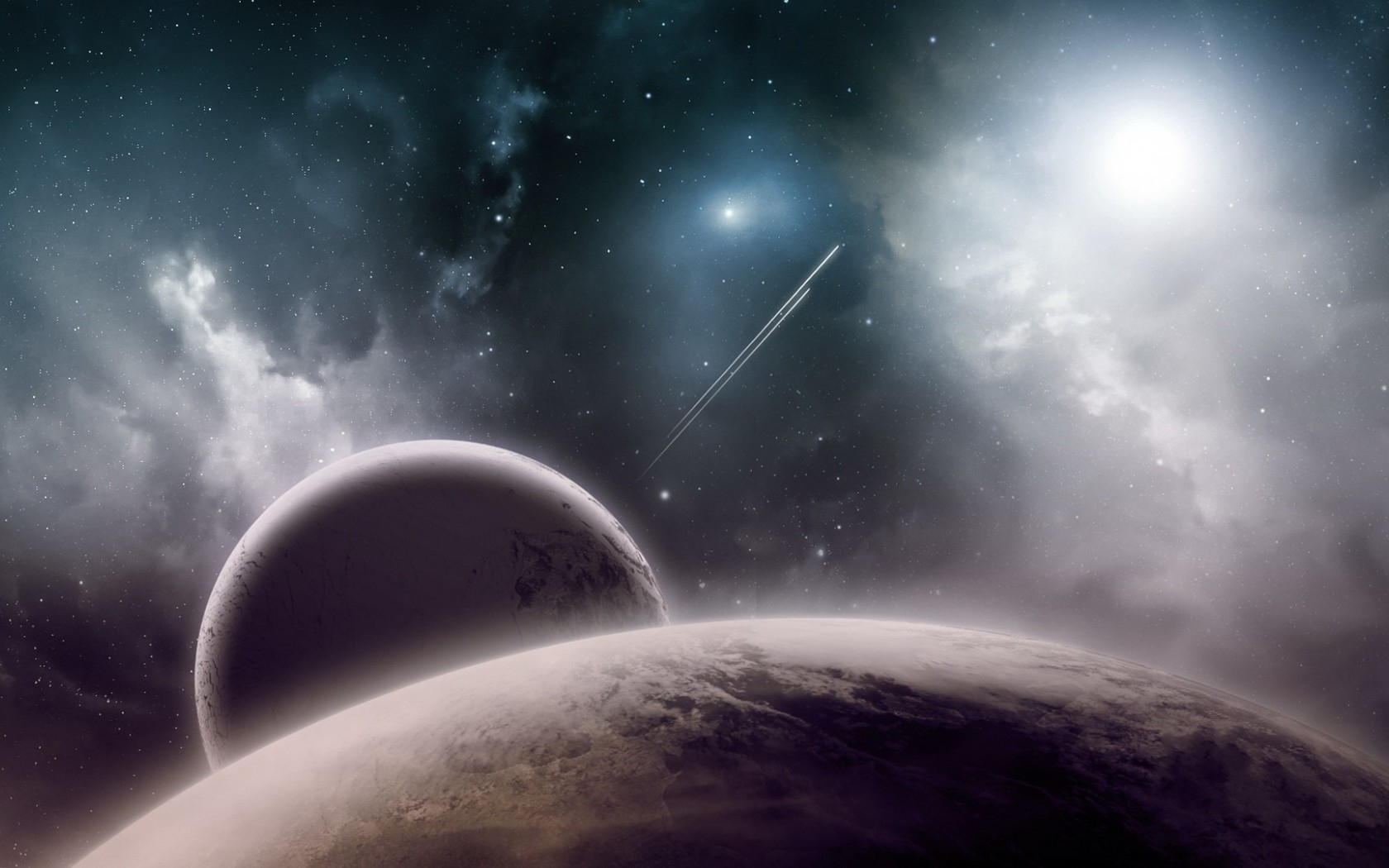 есть фотография космической сцены с планетой и падающей звездой