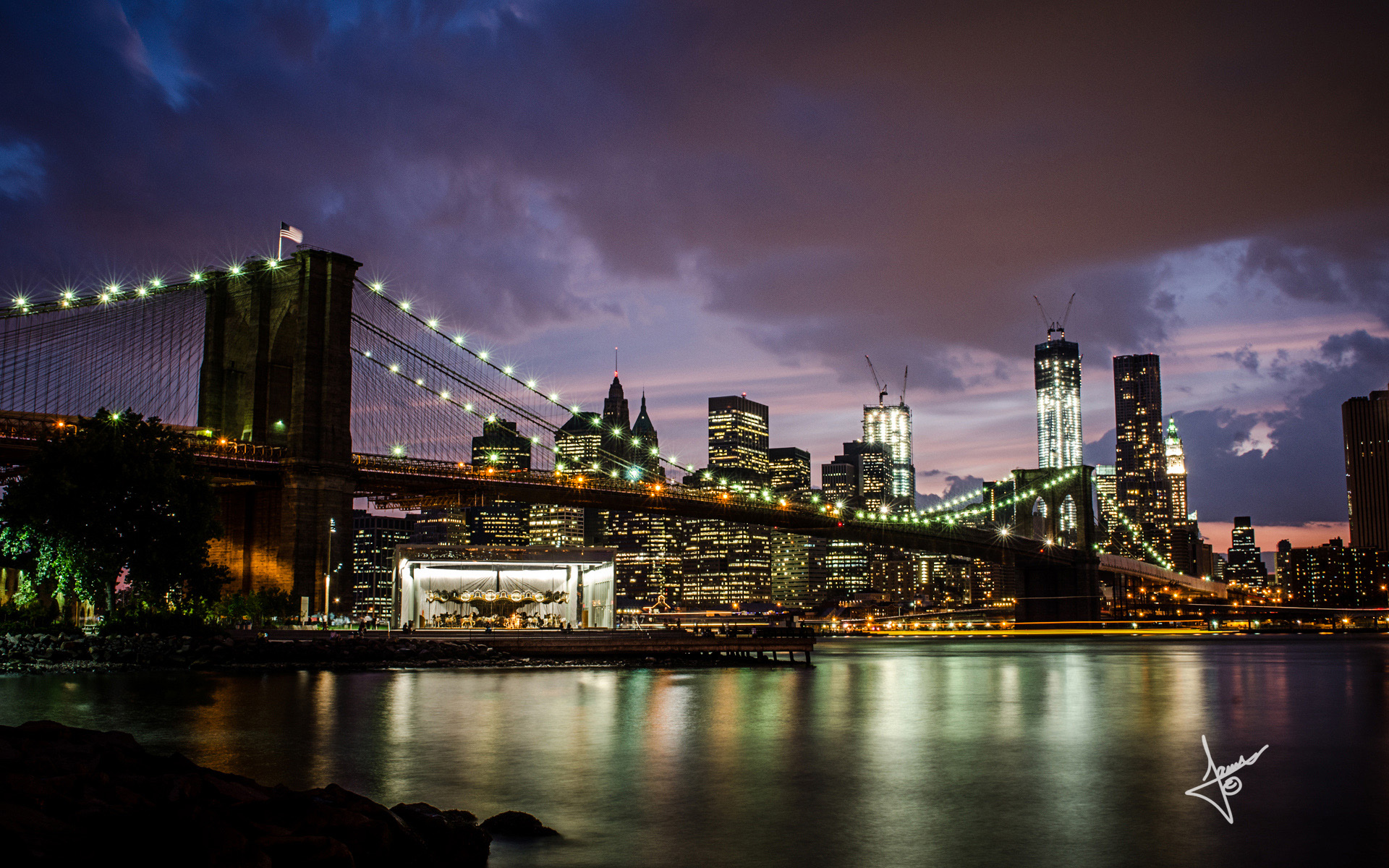 страны архитектура Бруклинский мост река ночь США Нью-Йорк без смс