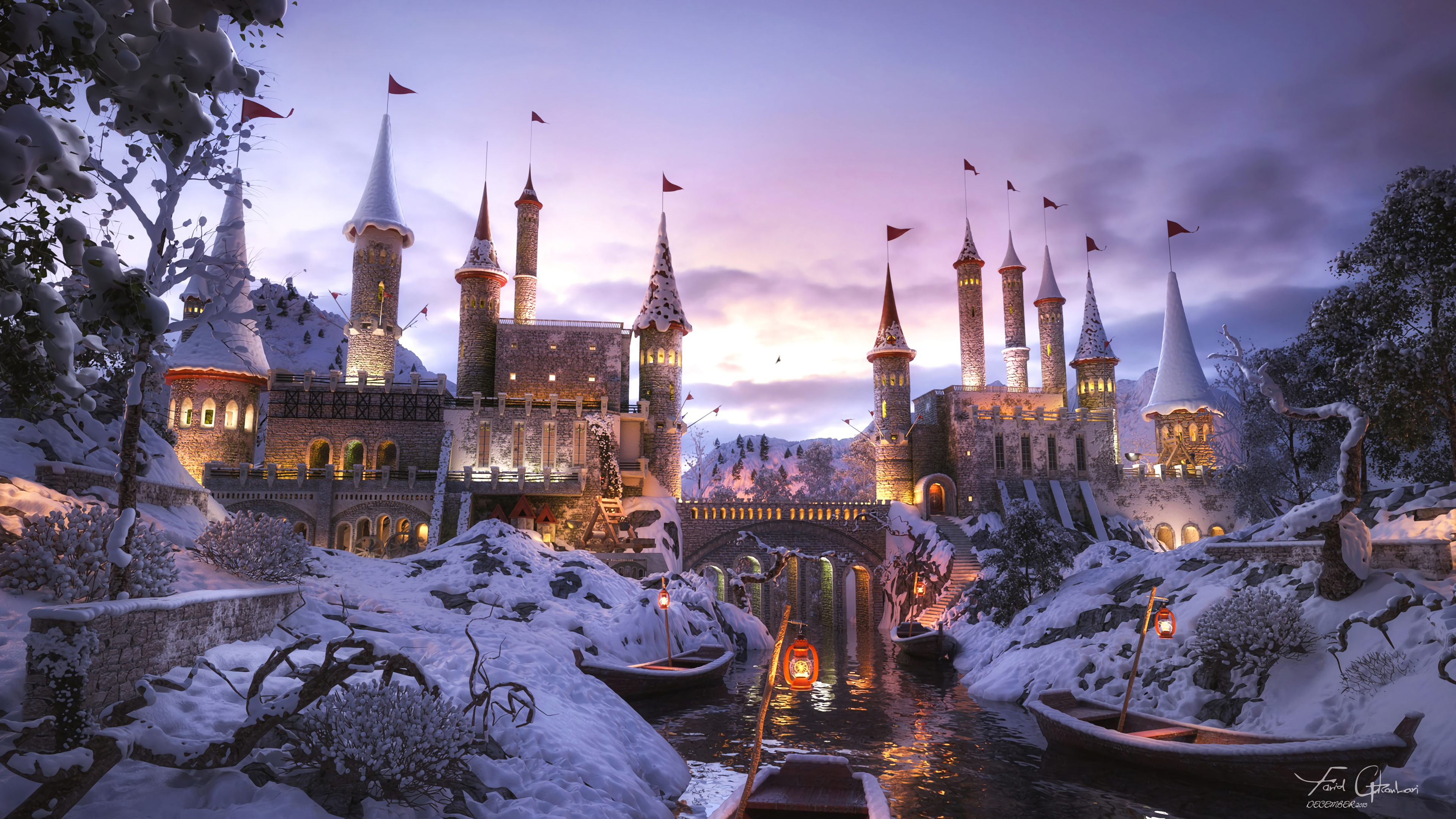 castle, winter, мост