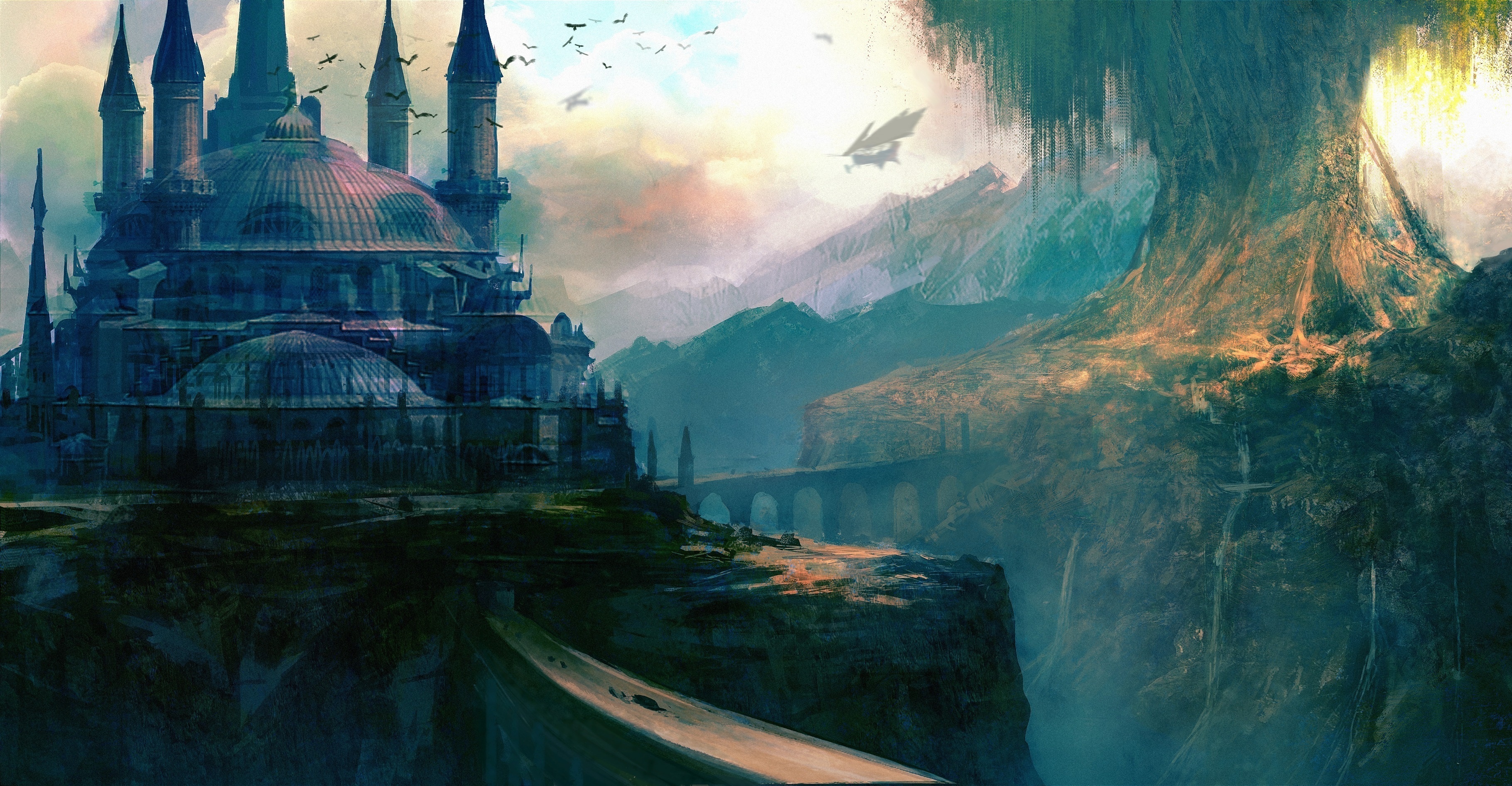 фэнтези, искусство, замок No 136919 Разрешение 3640x1893