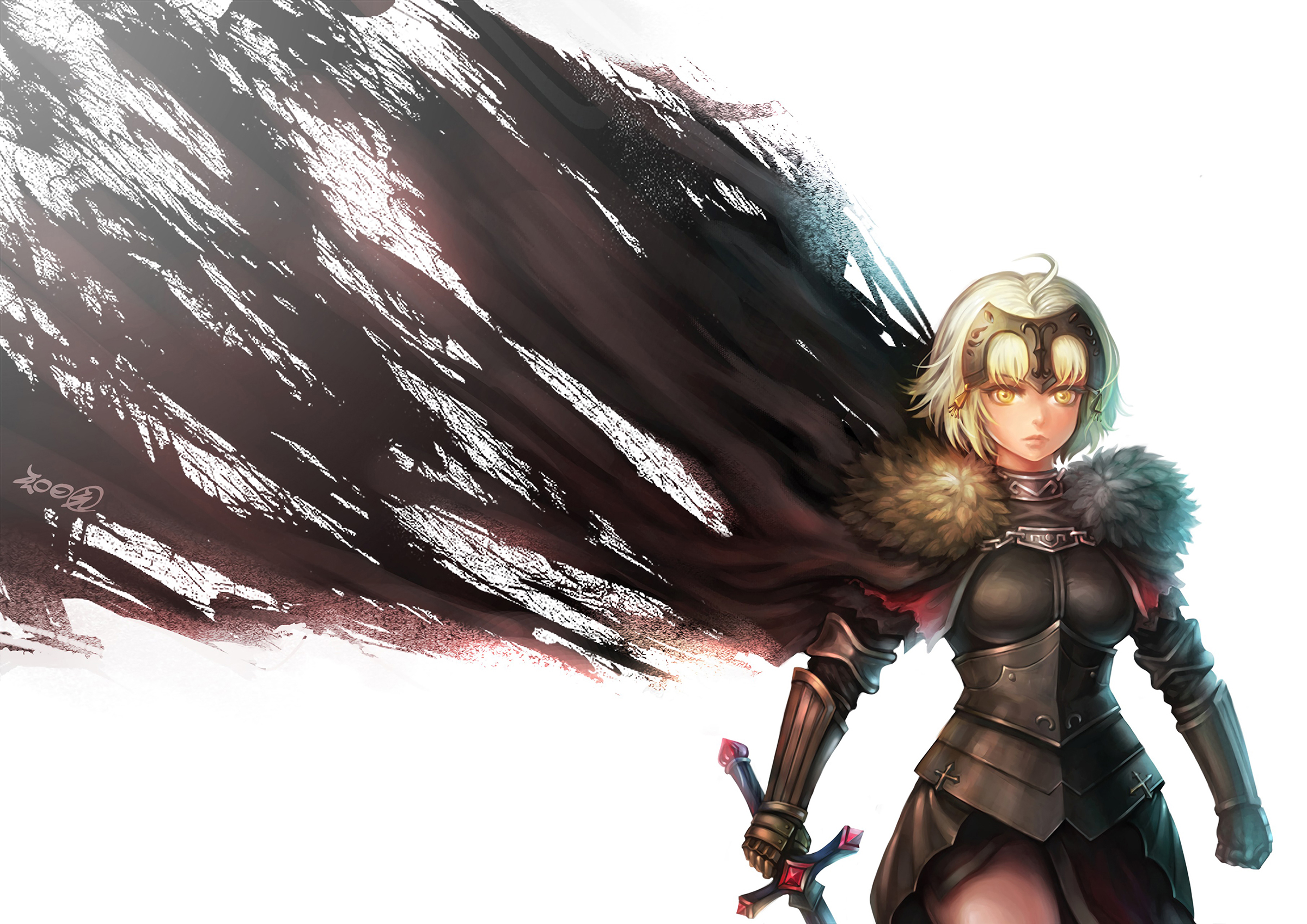 девушка с мечом и доспехами, стоящая на белом фоне