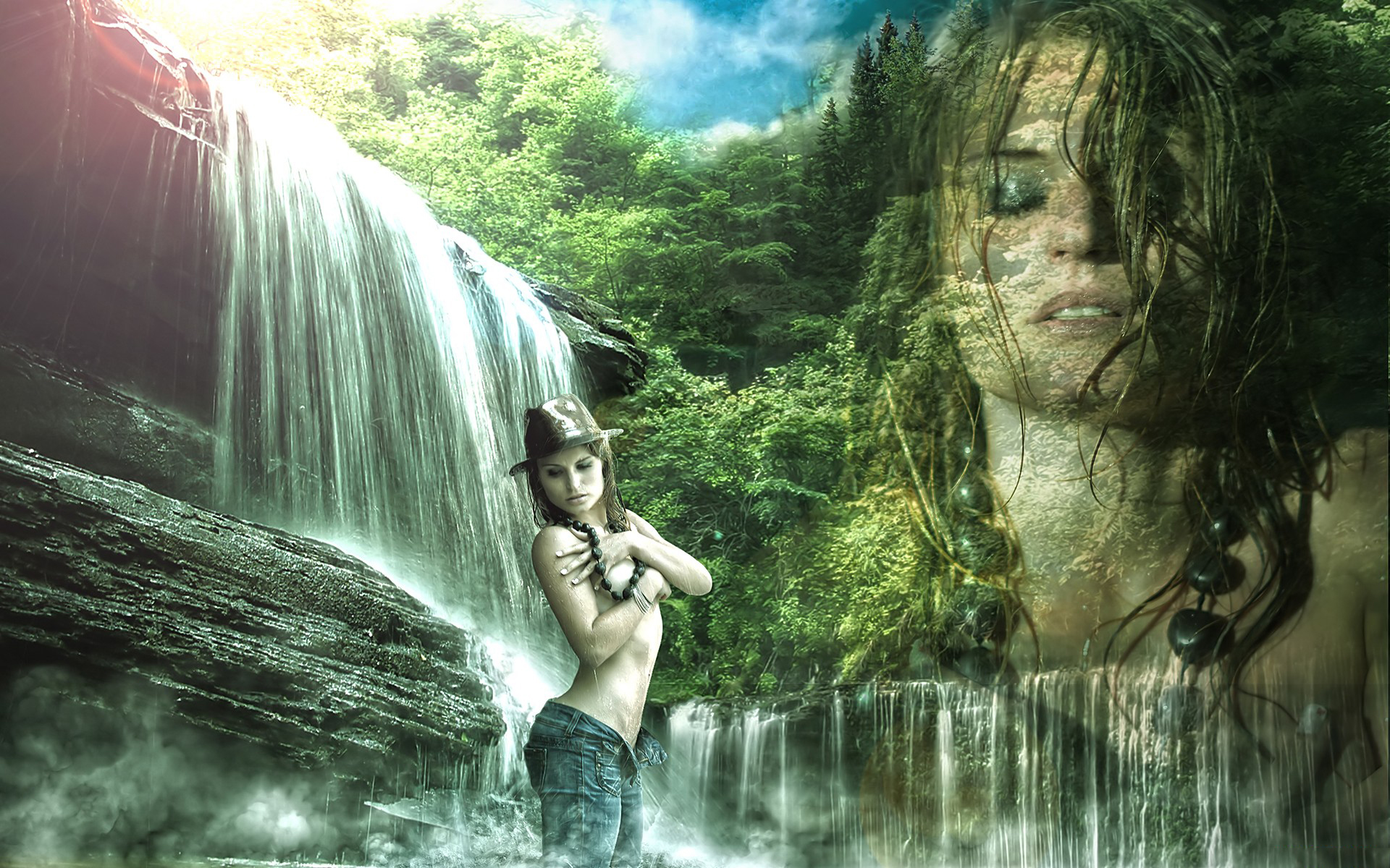Девушка водопад картина