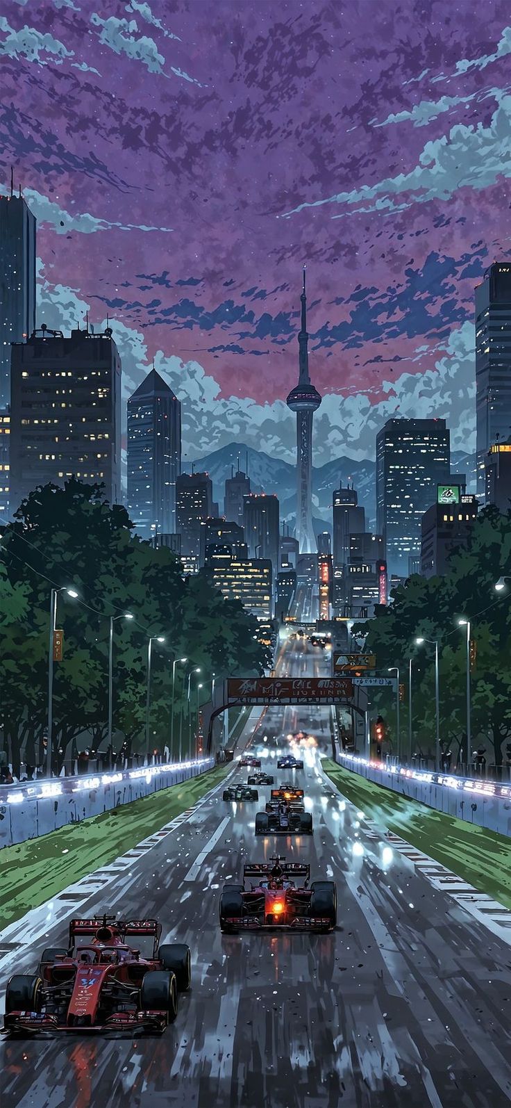 есть картина городской улицы с автомобилями, едущими по ней