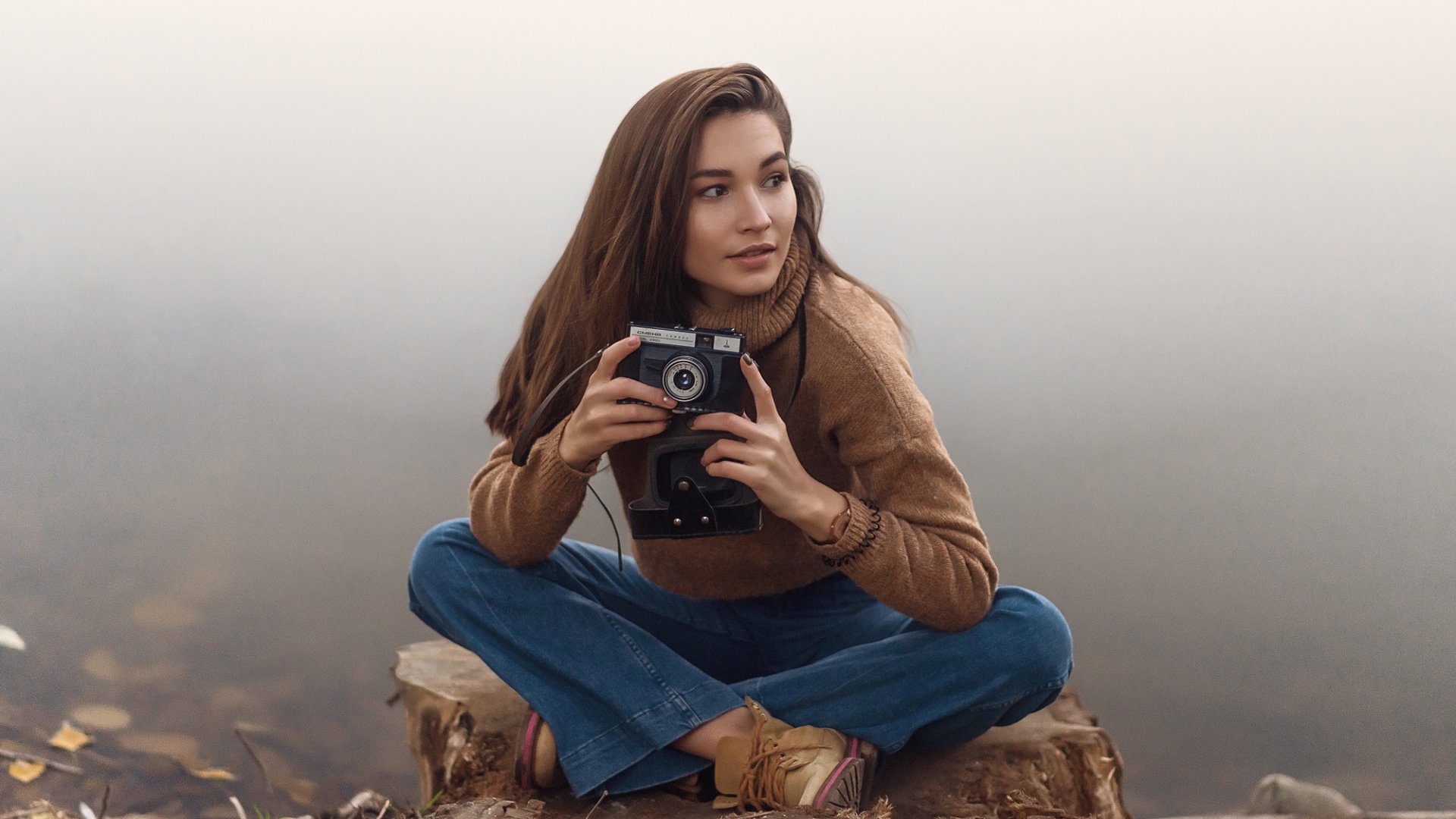 фотоаппарат, девушка, поза