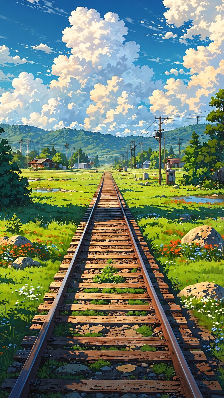 аниме-сценарии железнодорожного пути с видом на небольшой город