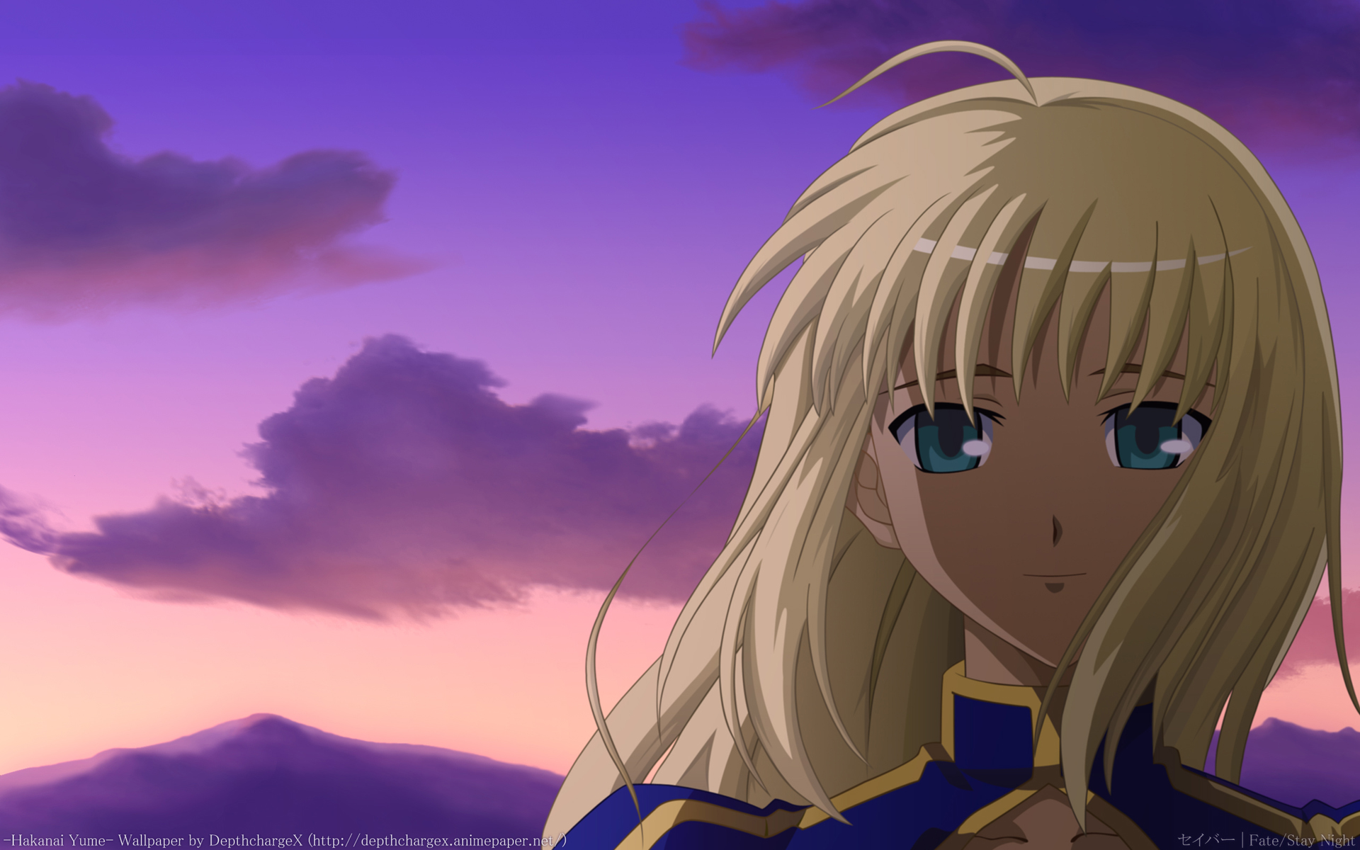 девушка-аниме со светлыми волосами и голубыми глазами, стоящая перед горой