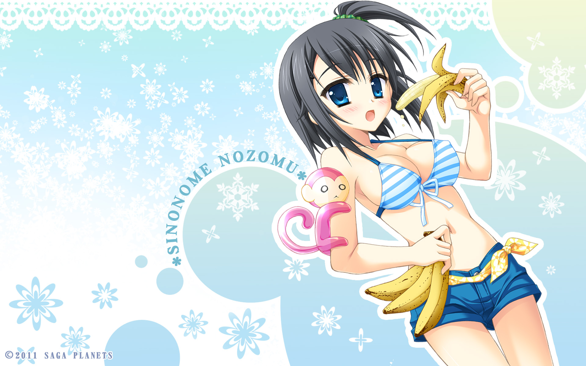 девушка в бикини с бананом и розовой игрушкой