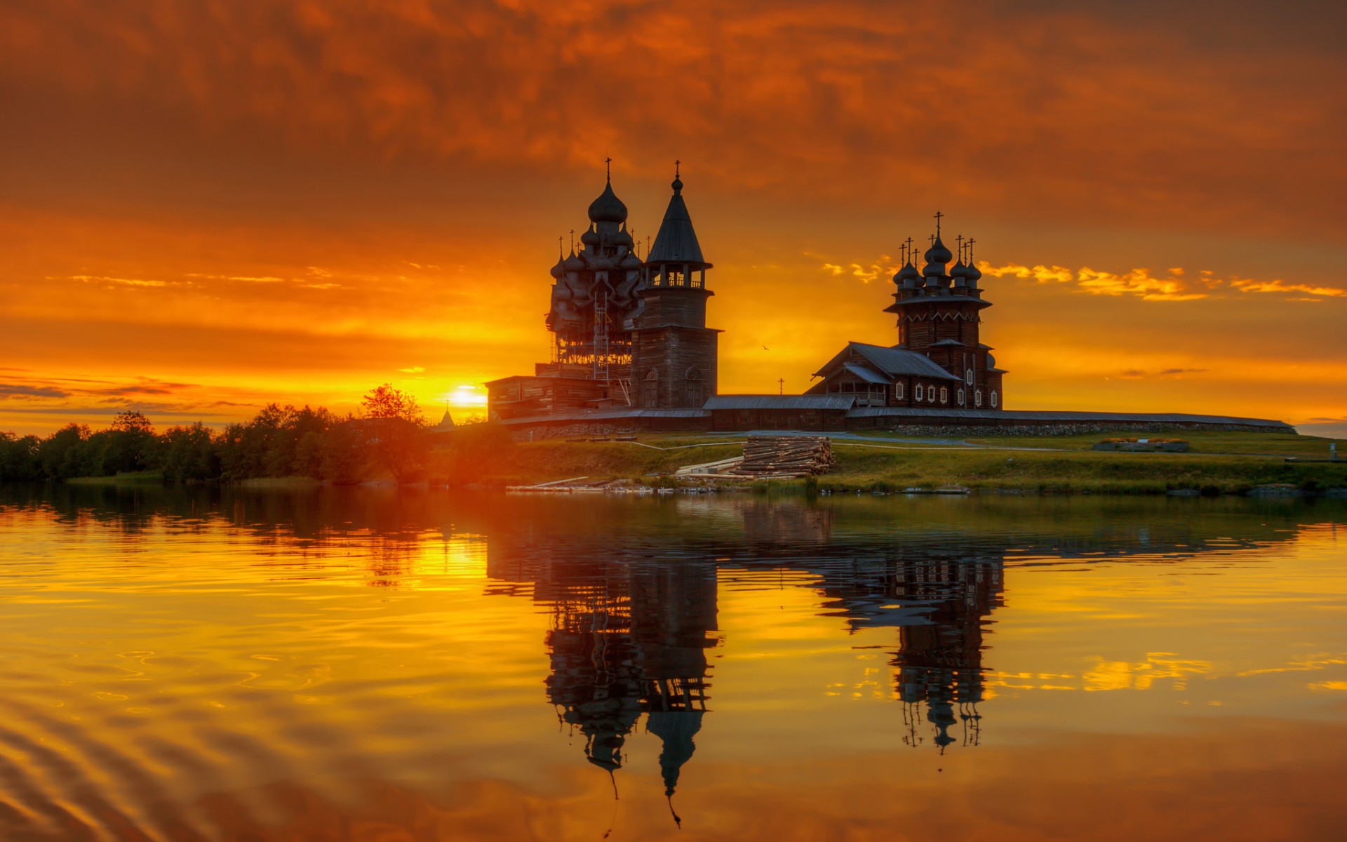 природа, церковь, закат
