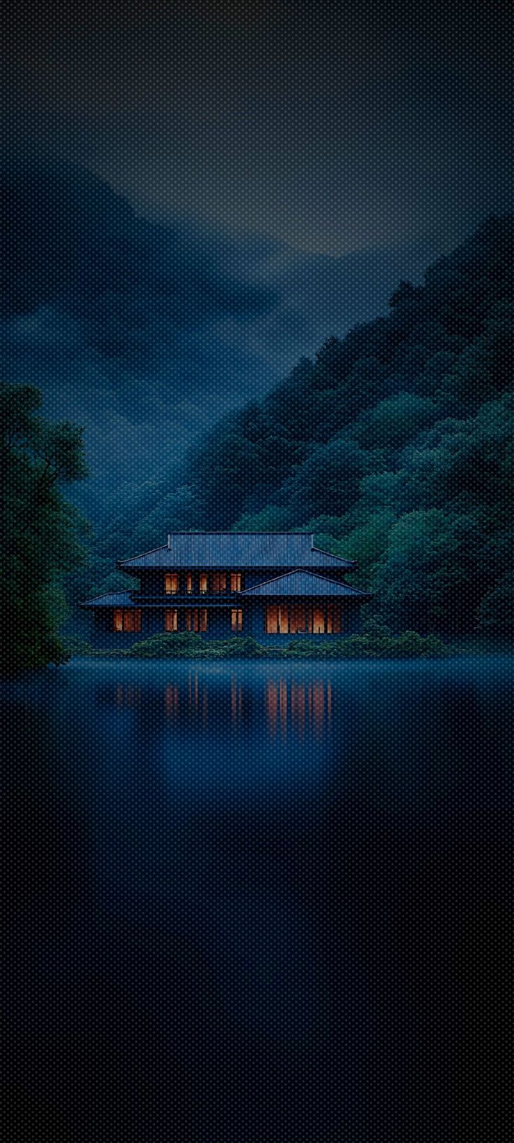 женский дом посреди озера ночью