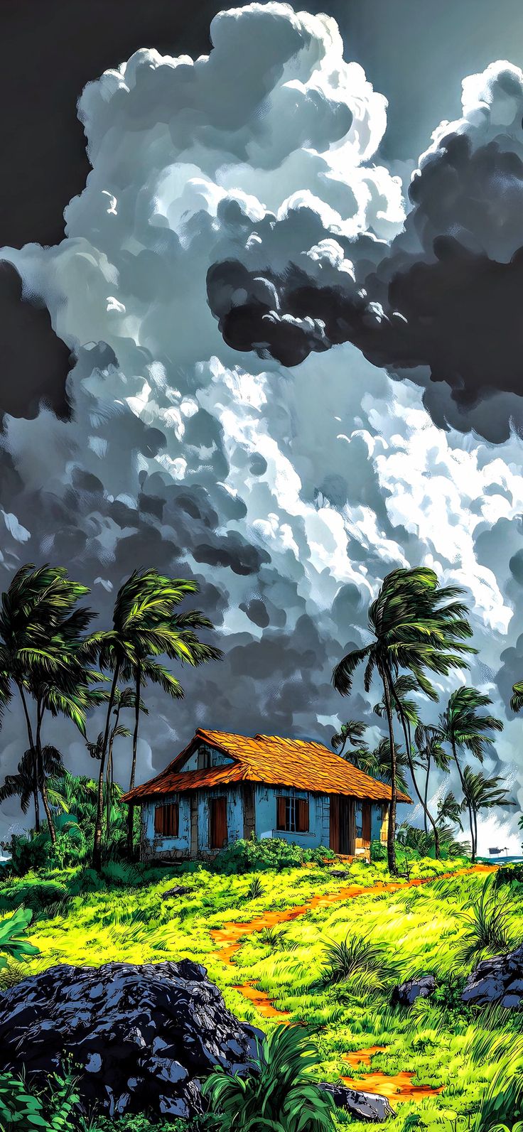 картина дома на травянистом холме с пальмами