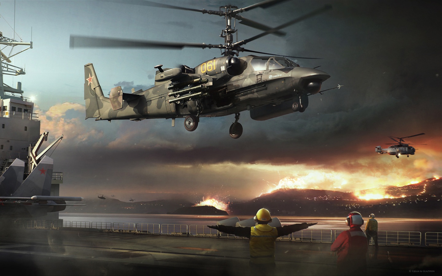 вертолеты, летящие над кораблем, с вертолетом, летящим над ним