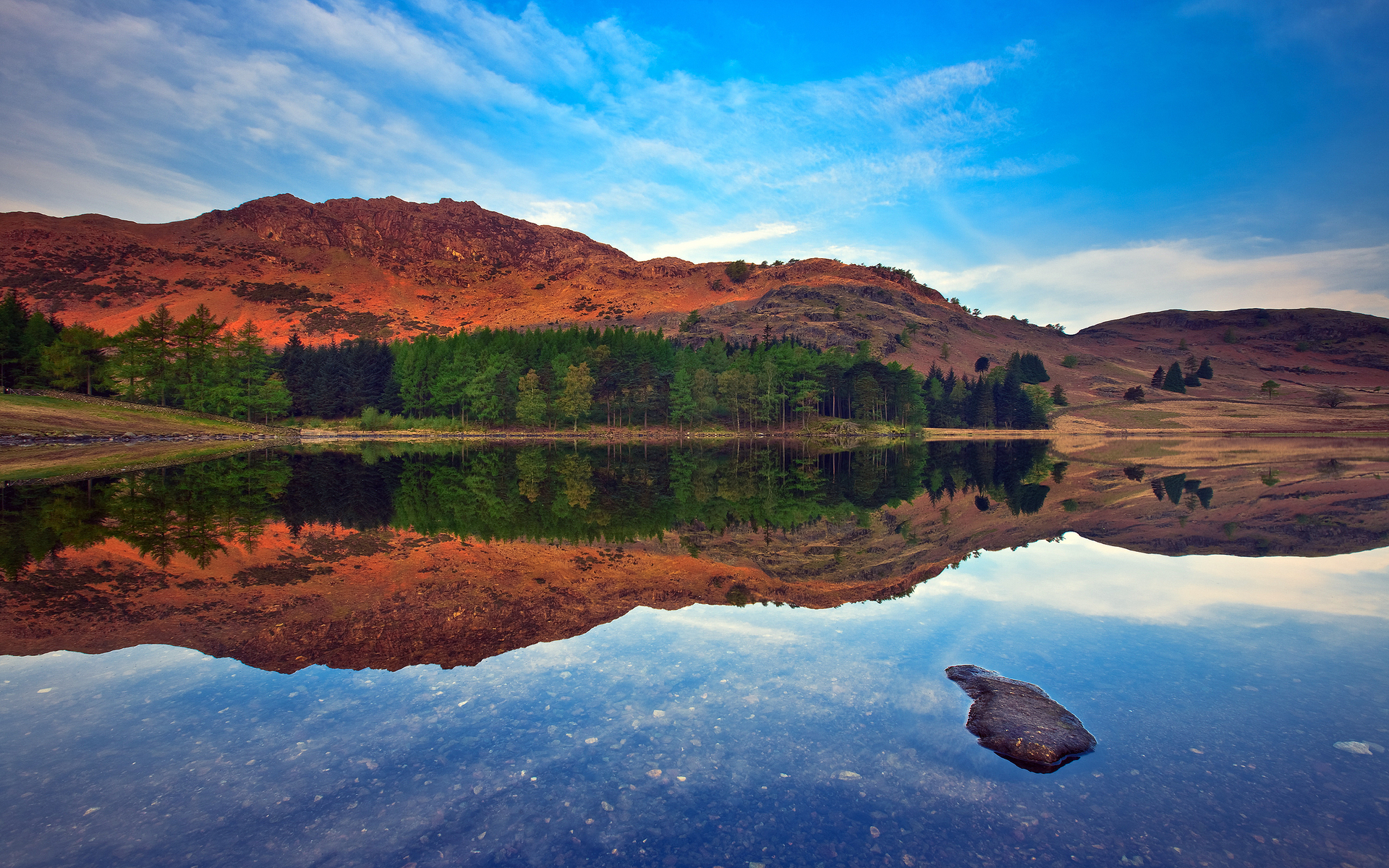lago, colina, reflejo