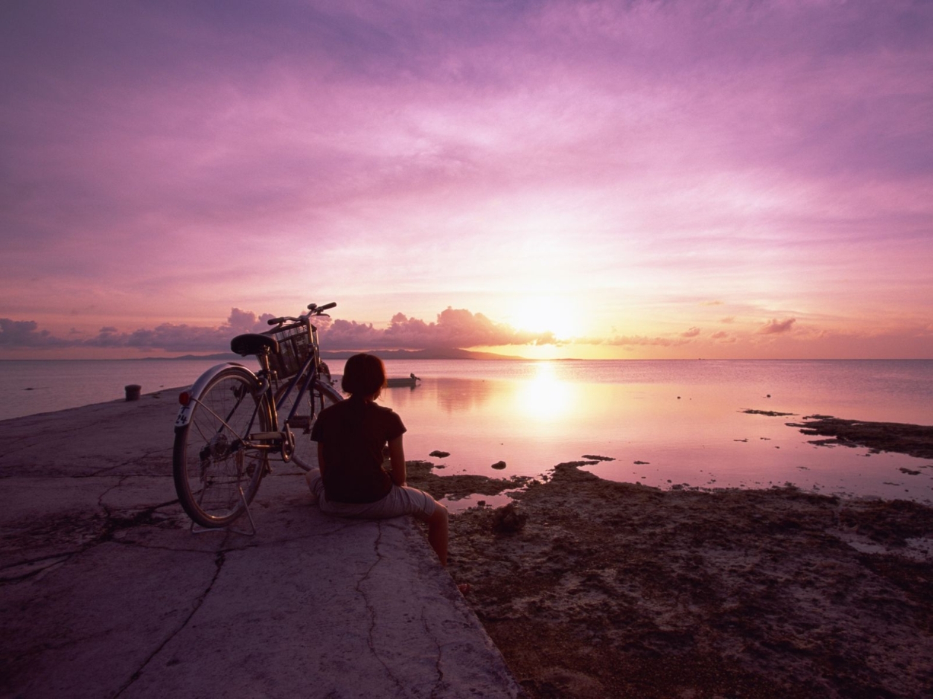 девушка, велосипед, закат