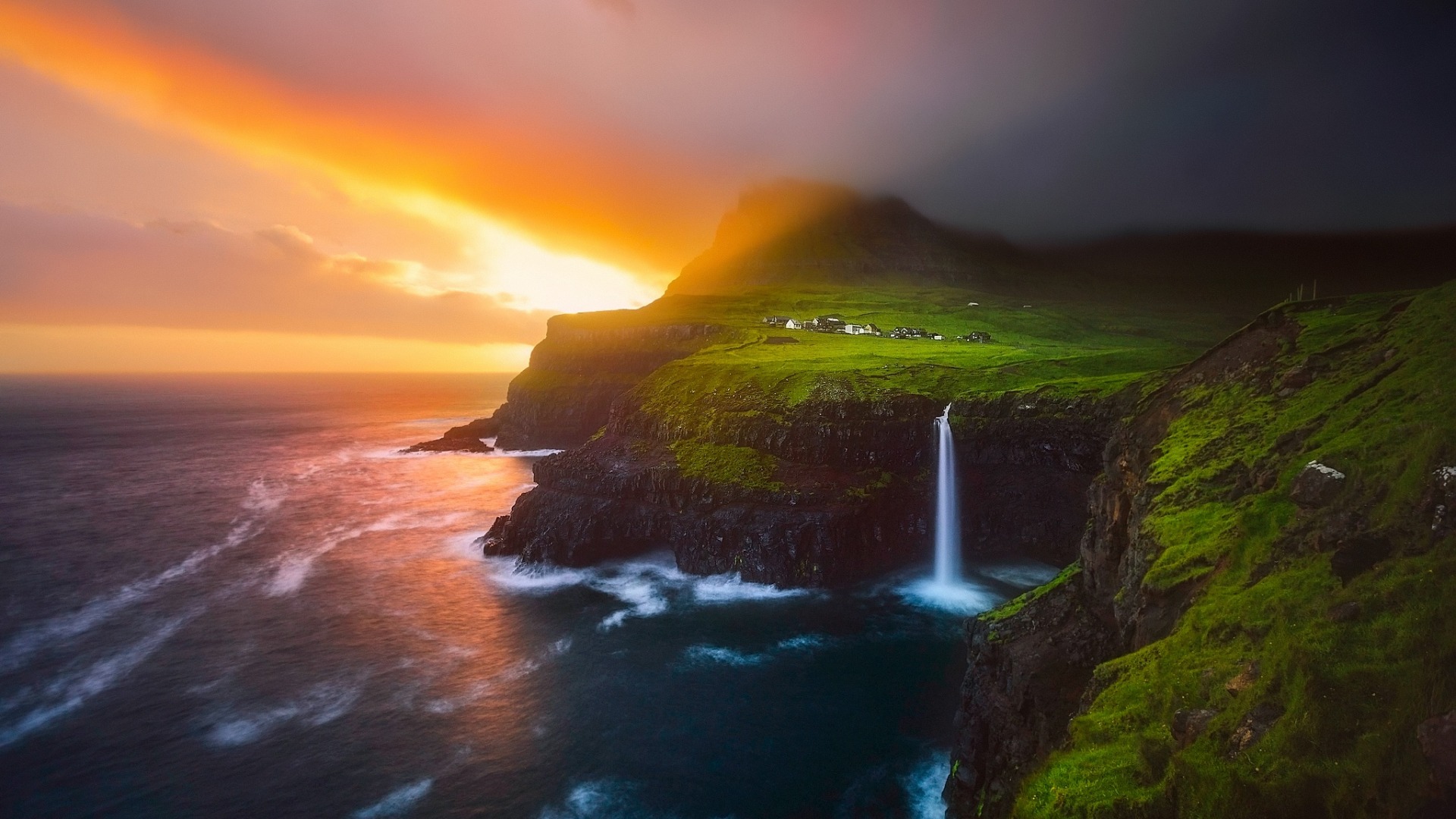 водопад, восход, остров