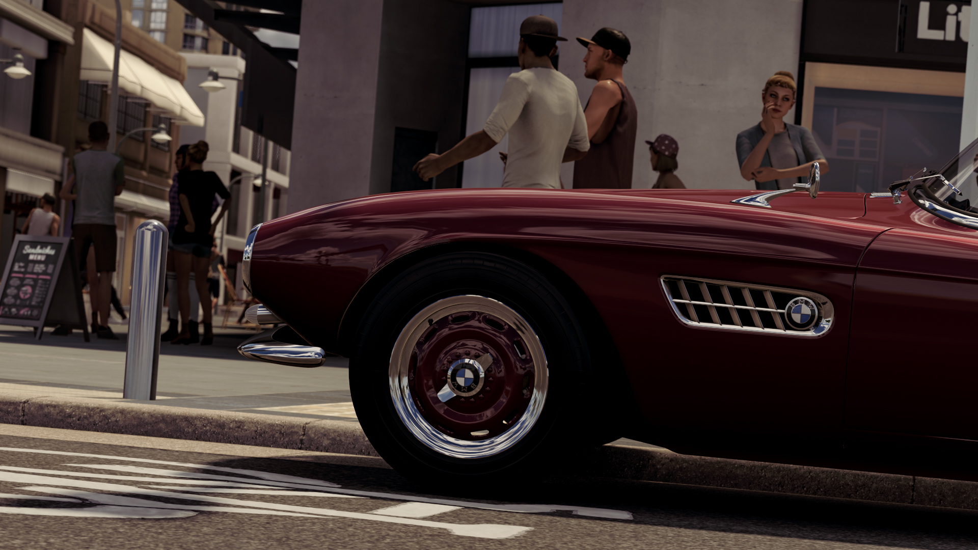 на стороне улицы припаркован красный автомобиль