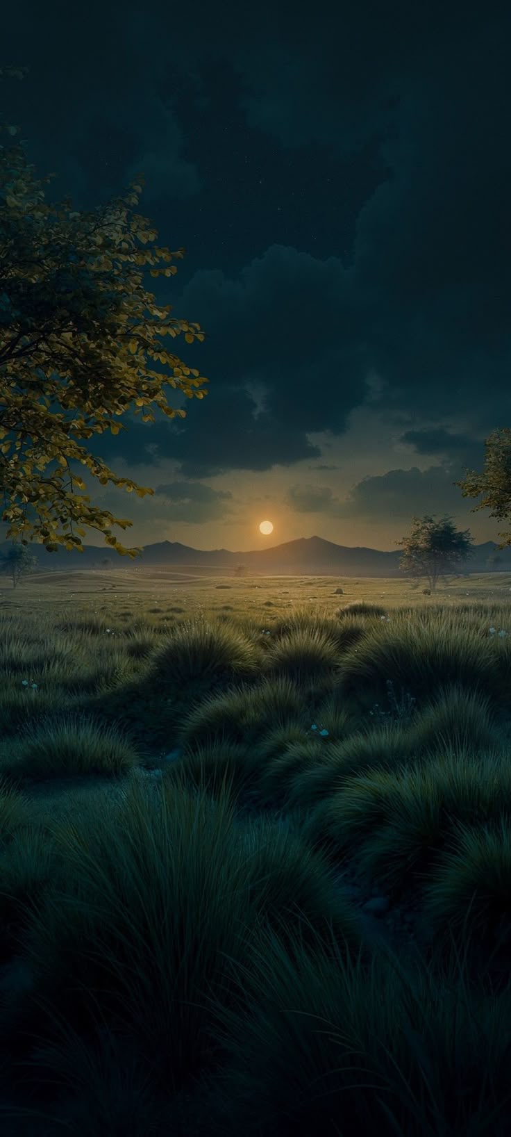 женщина видит поле с закатом и деревом