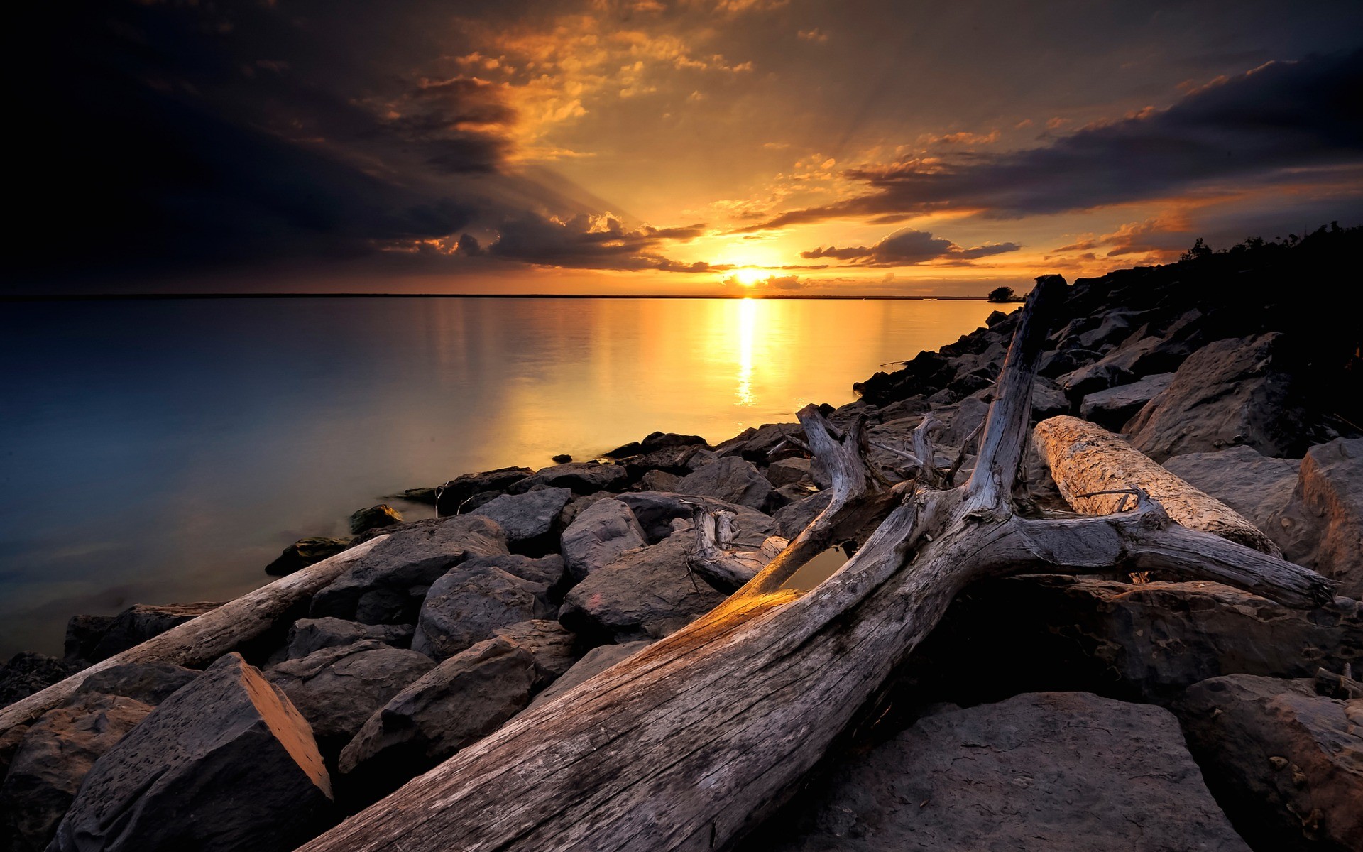 закат, небо, море