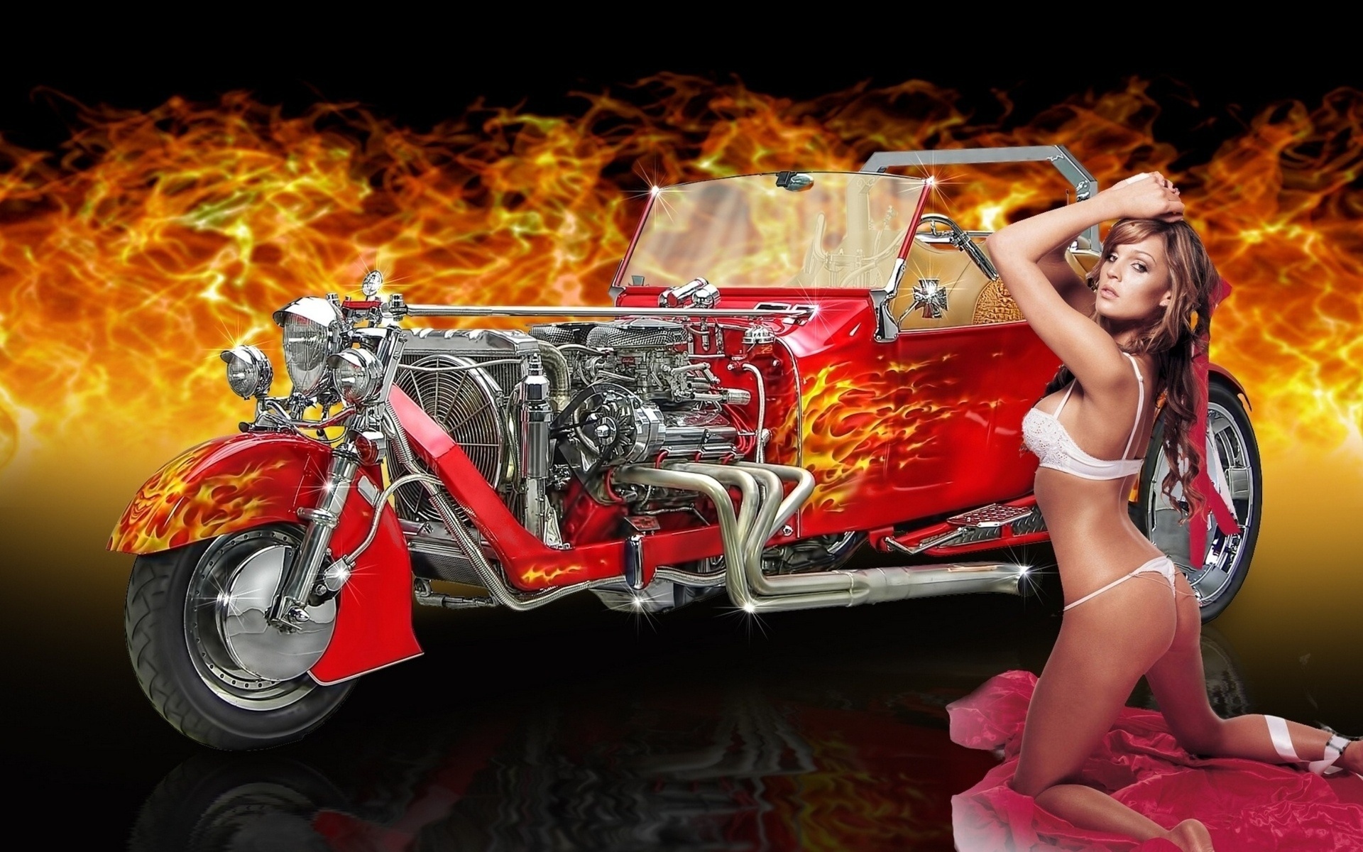 Девушка на мотоцикле в огне