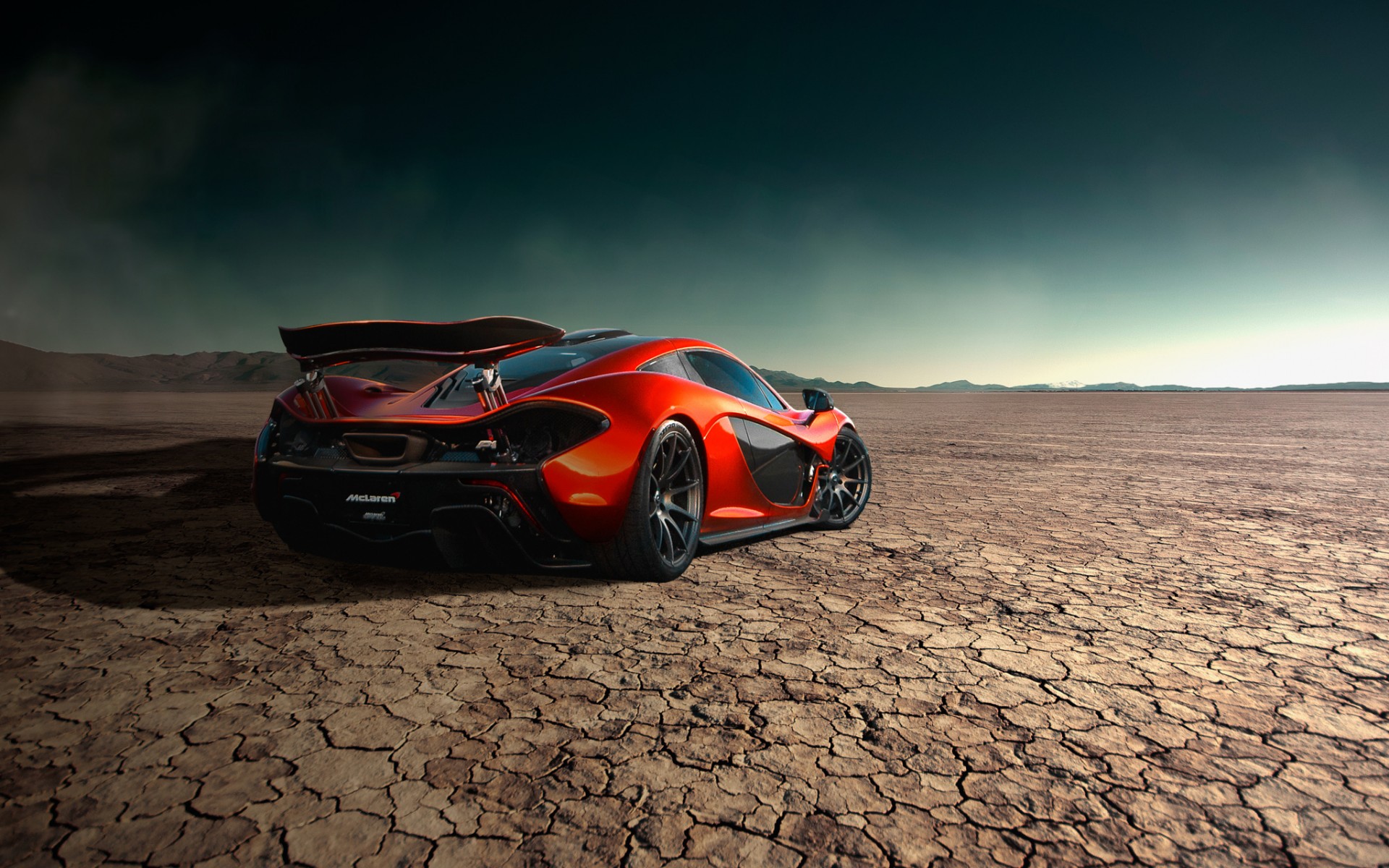 mclaren, оранжевый, шторм, дорога, суперкар, пустыня, задняя