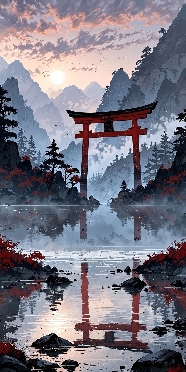 красные ворота тори тори в горном пейзаже