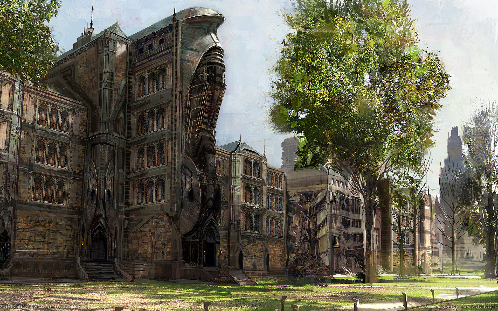 картина большого здания с огромным деревом, растущим из него