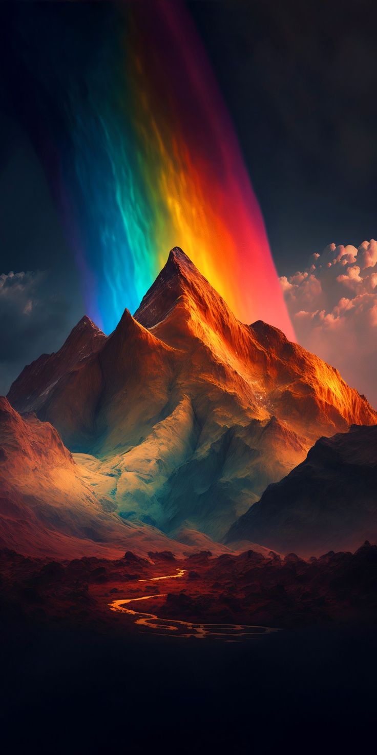 горы с радугой в небе и радугой в небе