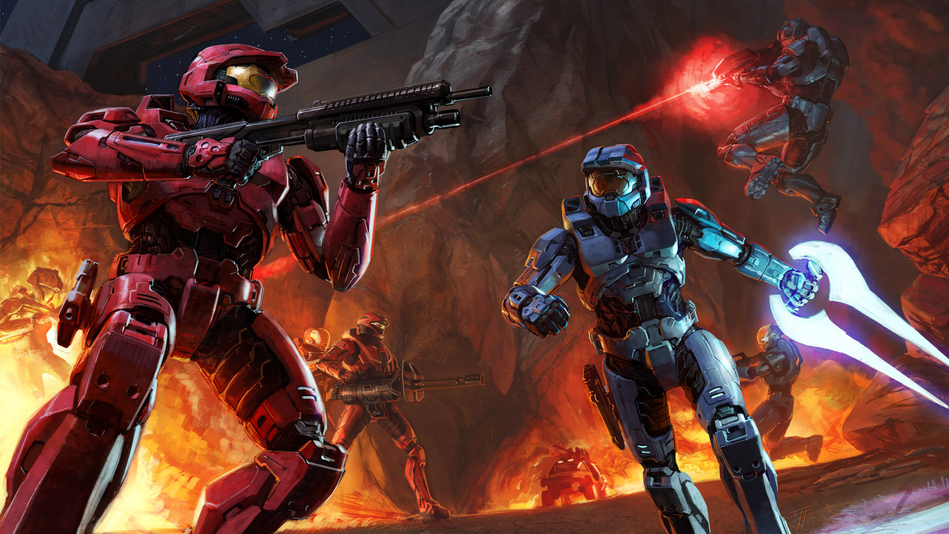 halo боевая игра с двумя красными и синими гало и красным гало