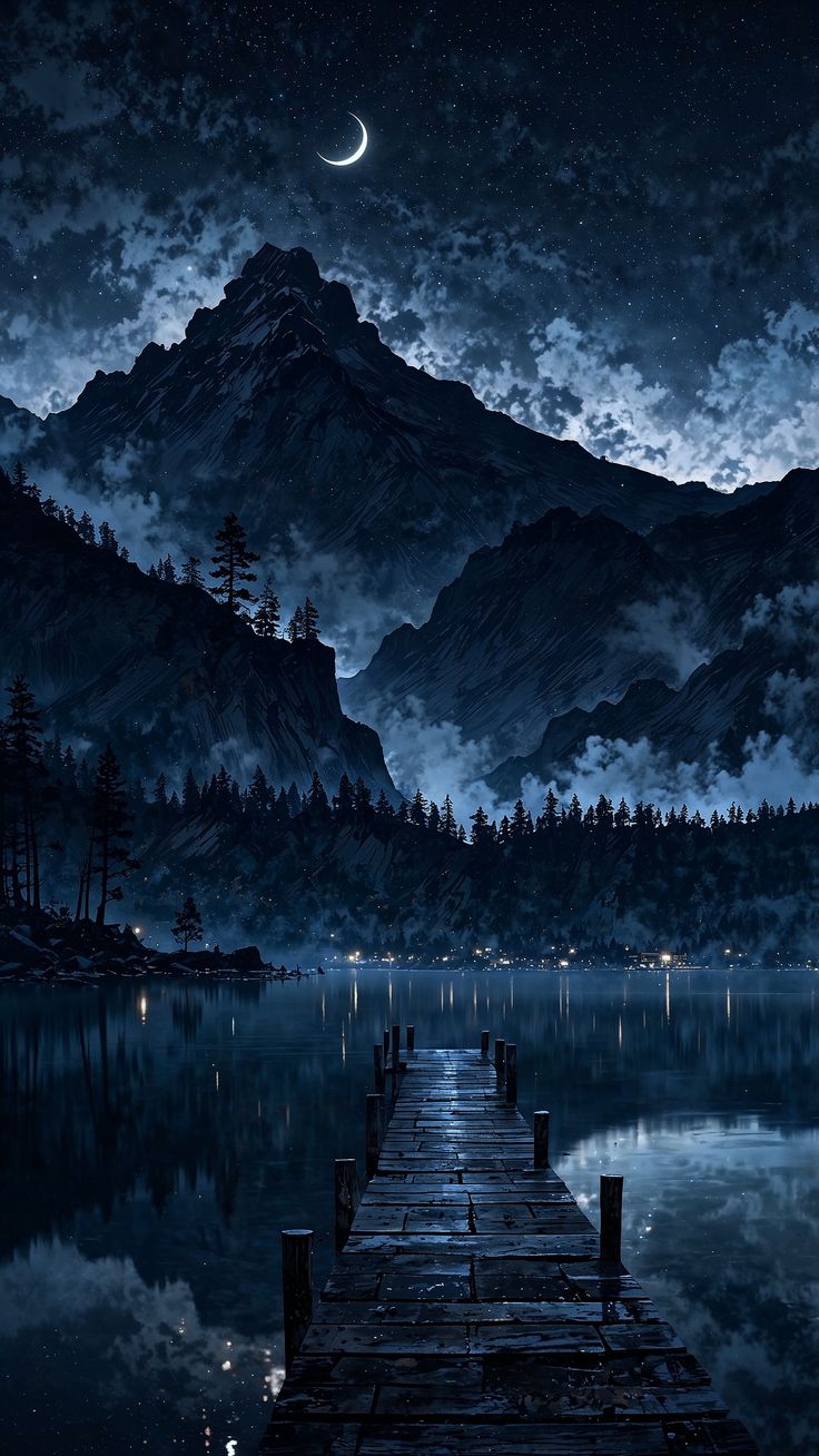 есть картина горы с доком в воде