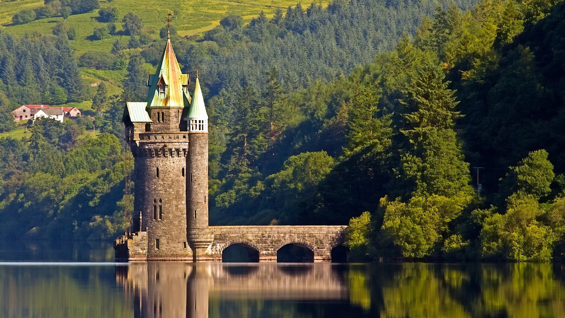 башня, озеро, vyrnwy