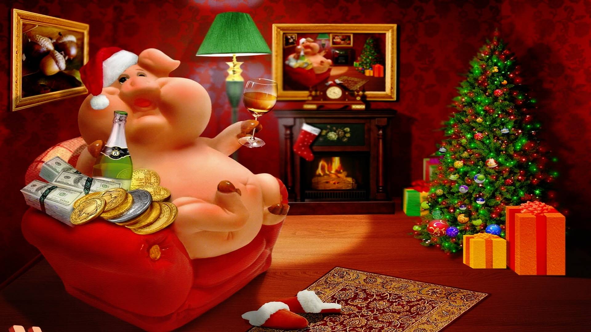 свинья сидит на стуле с бокалом вина