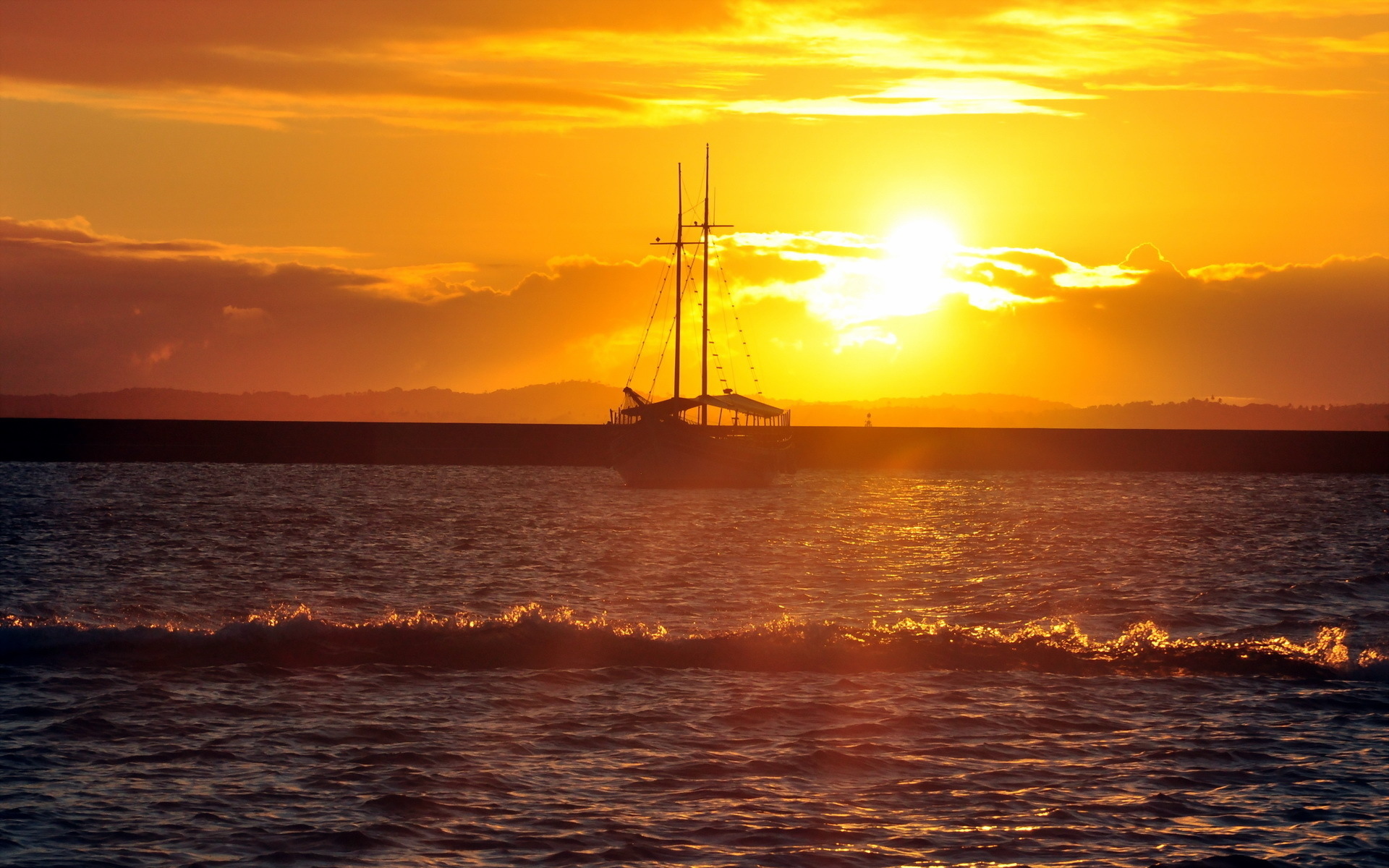 закат, корабль, море