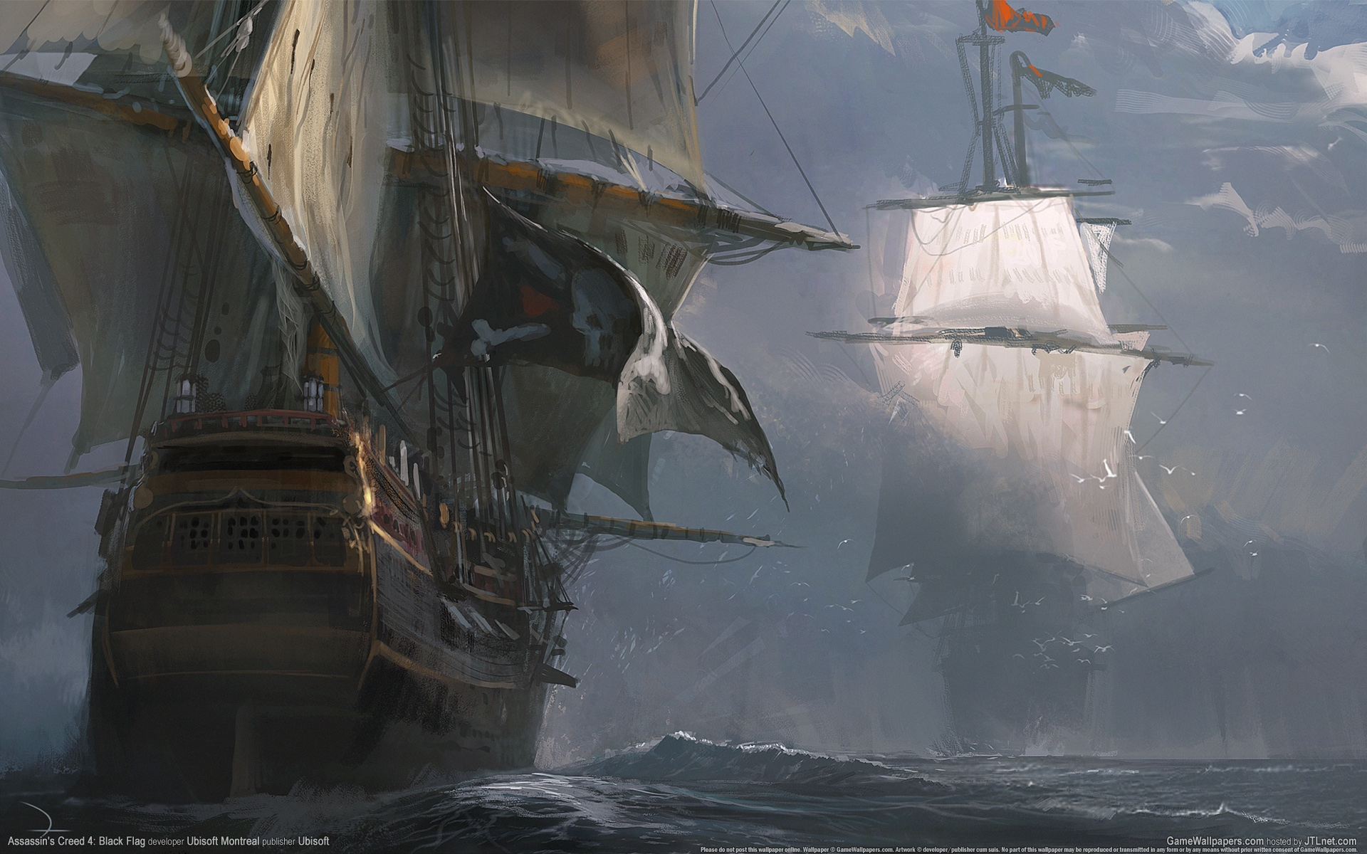 пиратский корабль в океане с пиратским флагом, летящим с парусов