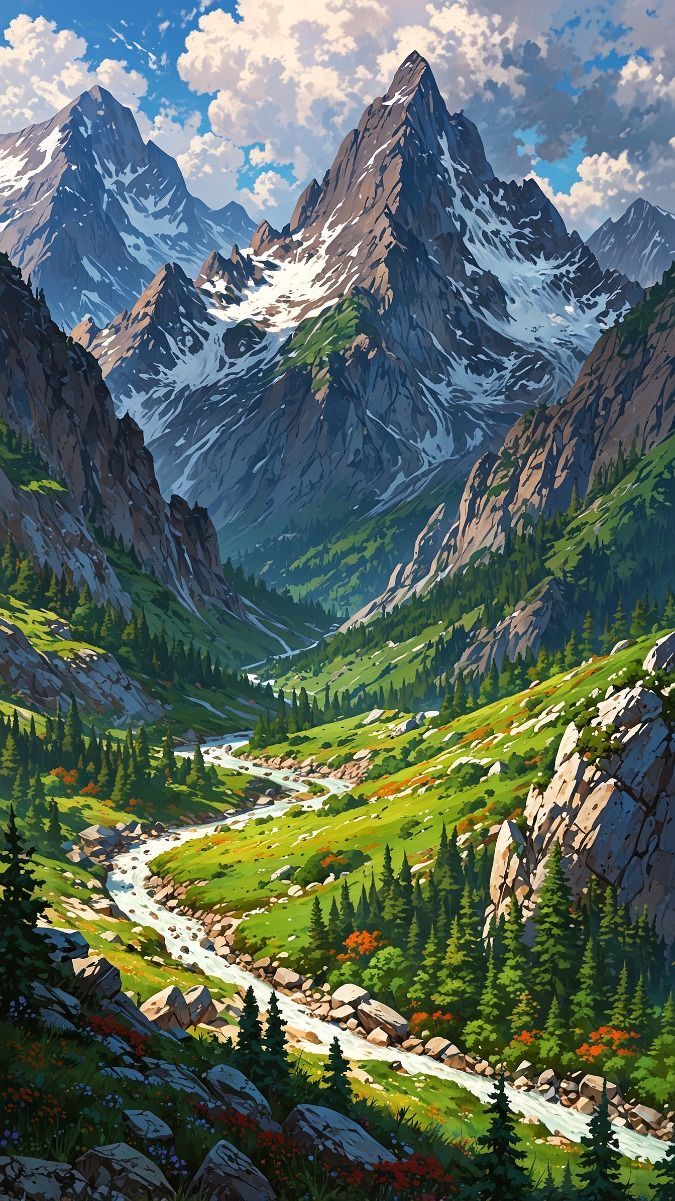 горы с протекающей через них рекой и горой вдали