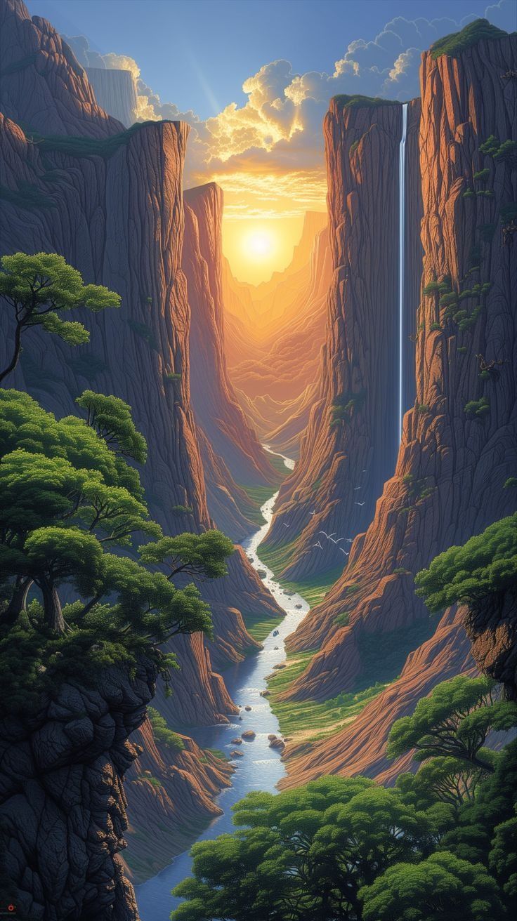 картина реки, протекающей через каньон с водопадом