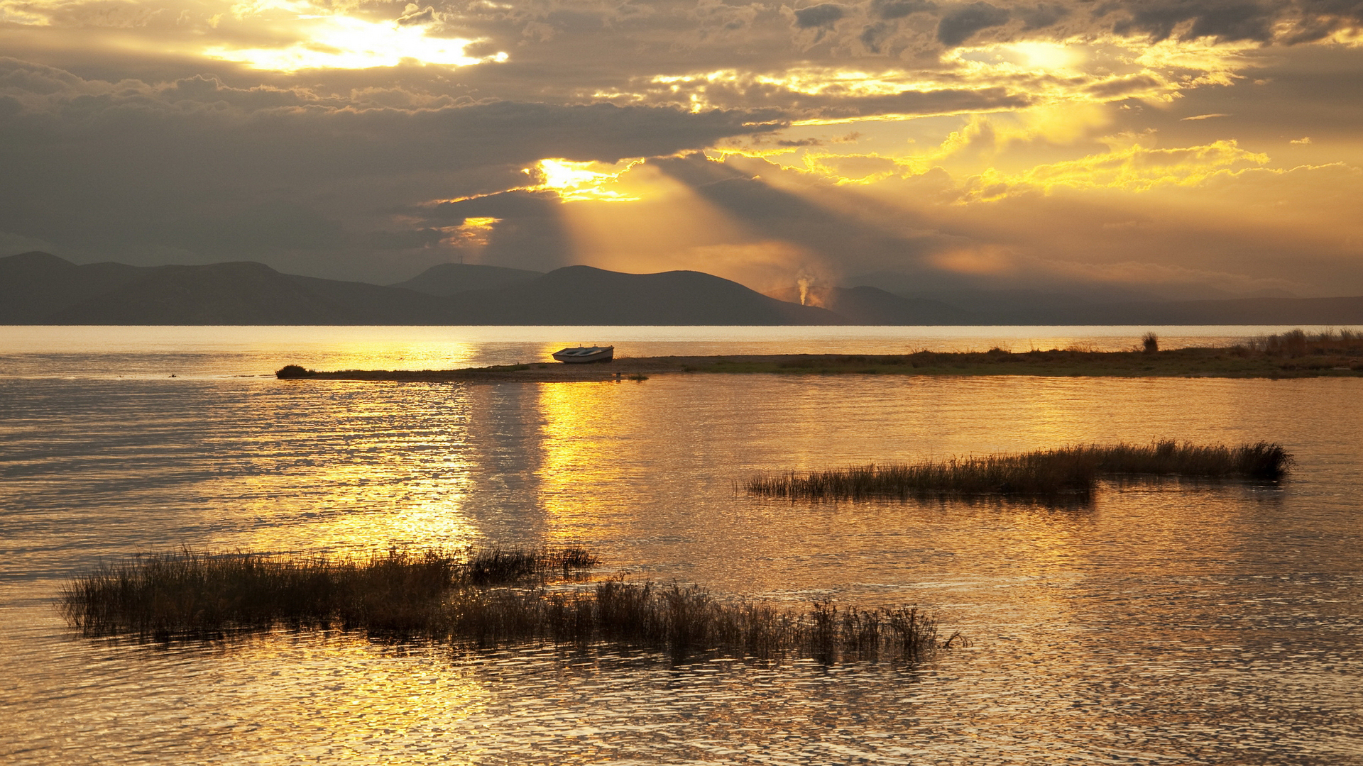 золотистый, закат, озеро