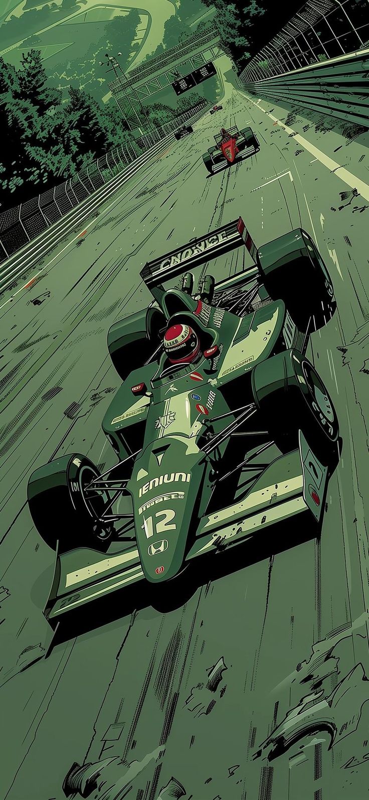 есть зеленый гоночный автомобиль, который едет по трассе