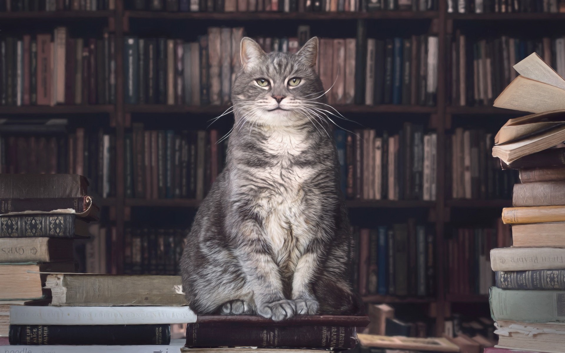 кот, библиотека, книга