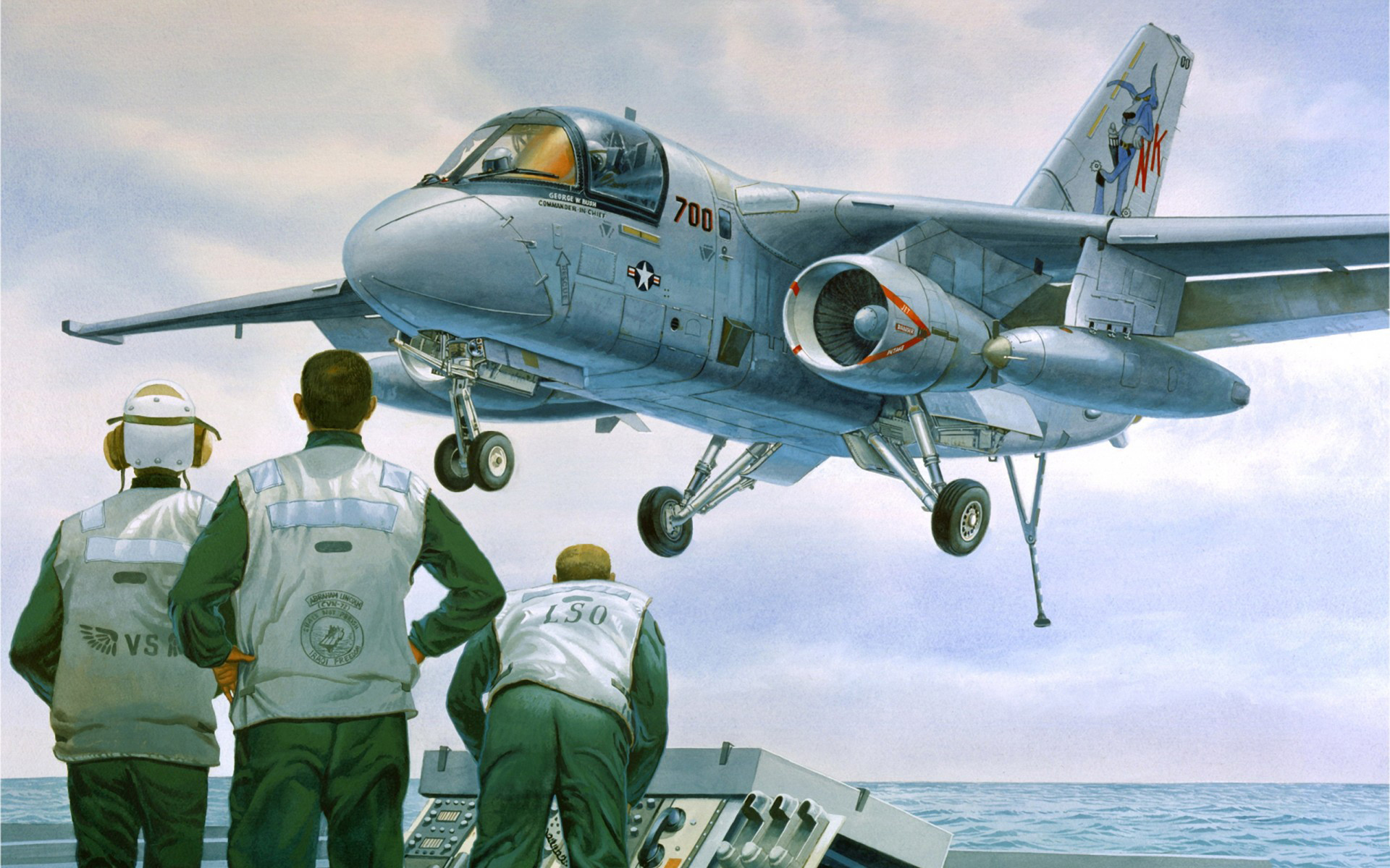 картина истребителя, взлетающего с корабля с другими мужчинами
