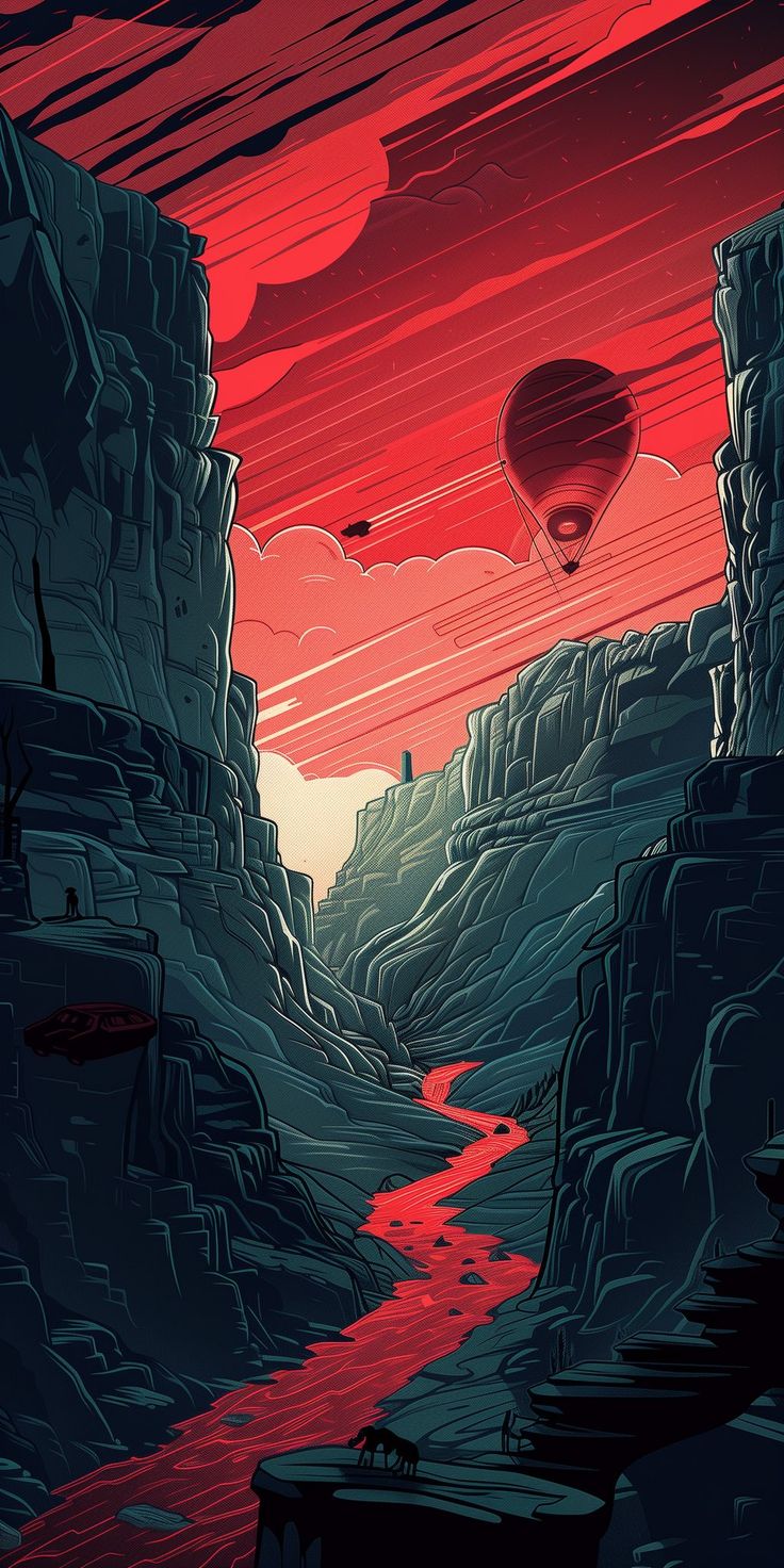 плакат воздушного шара, летящего над каньоном