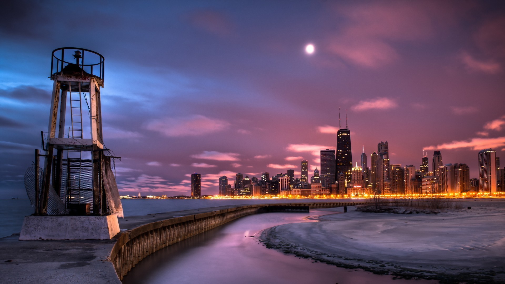 skyline, chicago, ночь